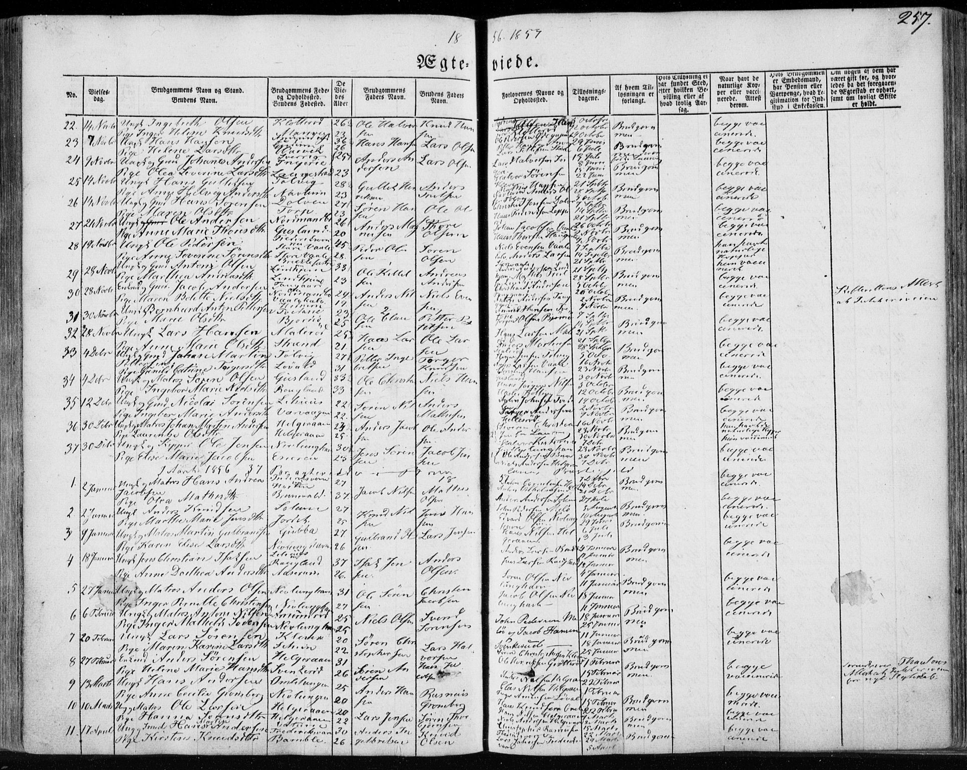 Brunlanes kirkebøker, AV/SAKO-A-342/F/Fa/L0004: Parish register (official) no. I 4, 1846-1862, p. 257