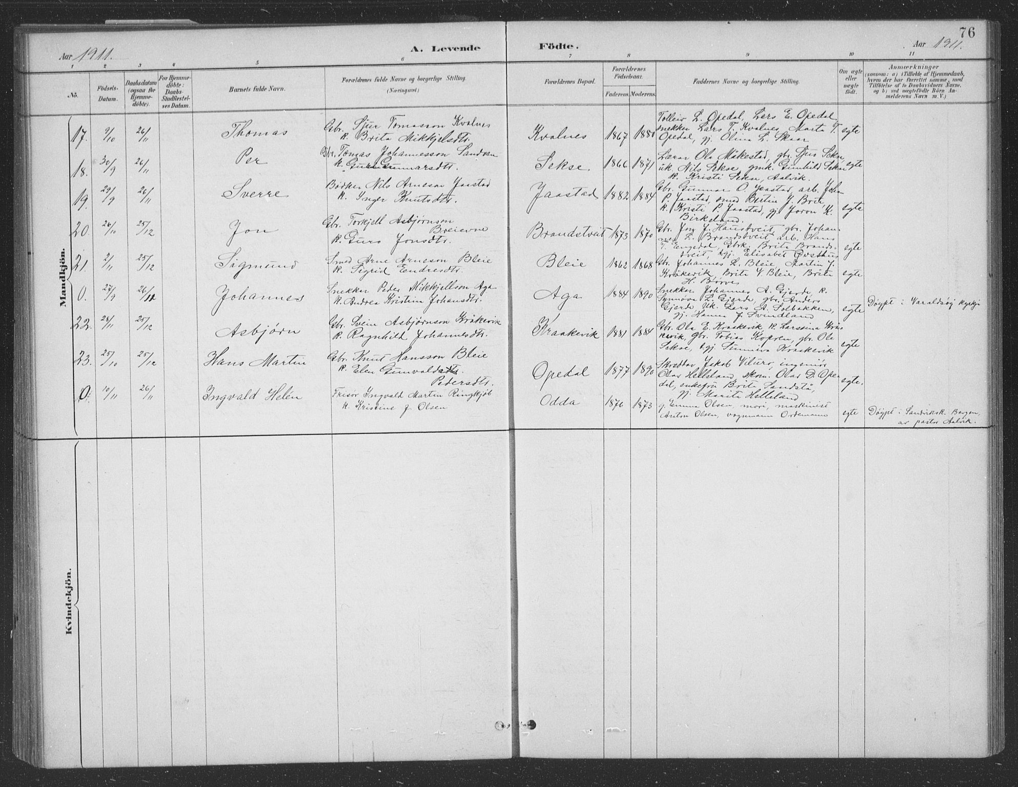 Ullensvang sokneprestembete, SAB/A-78701/H/Hab: Parish register (copy) no. B 11, 1887-1939, p. 76