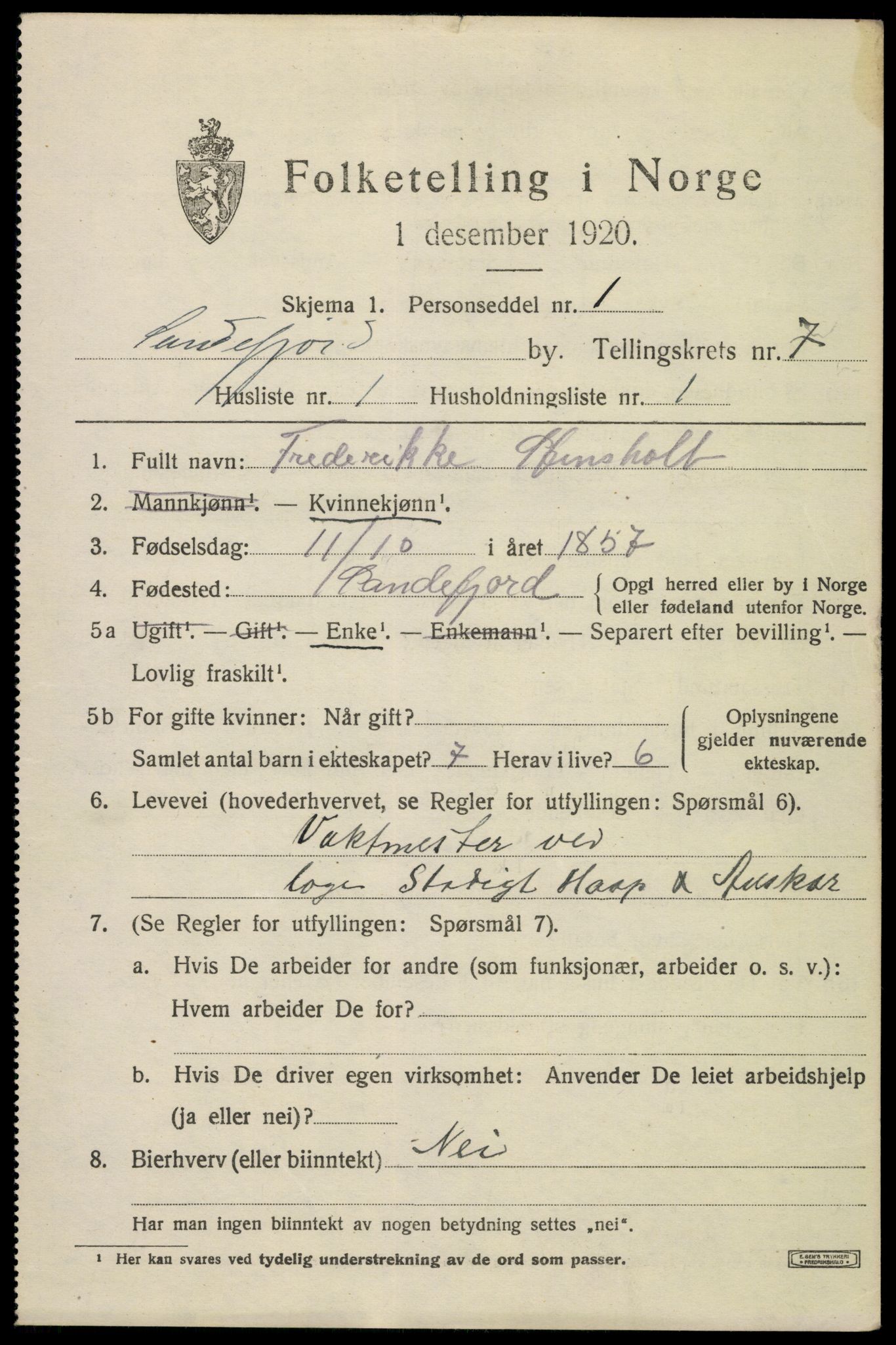 SAKO, 1920 census for Sandefjord, 1920, p. 10376