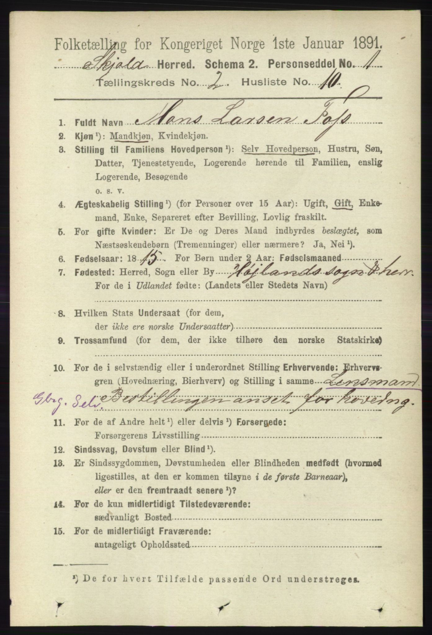 RA, 1891 census for 1154 Skjold, 1891, p. 324