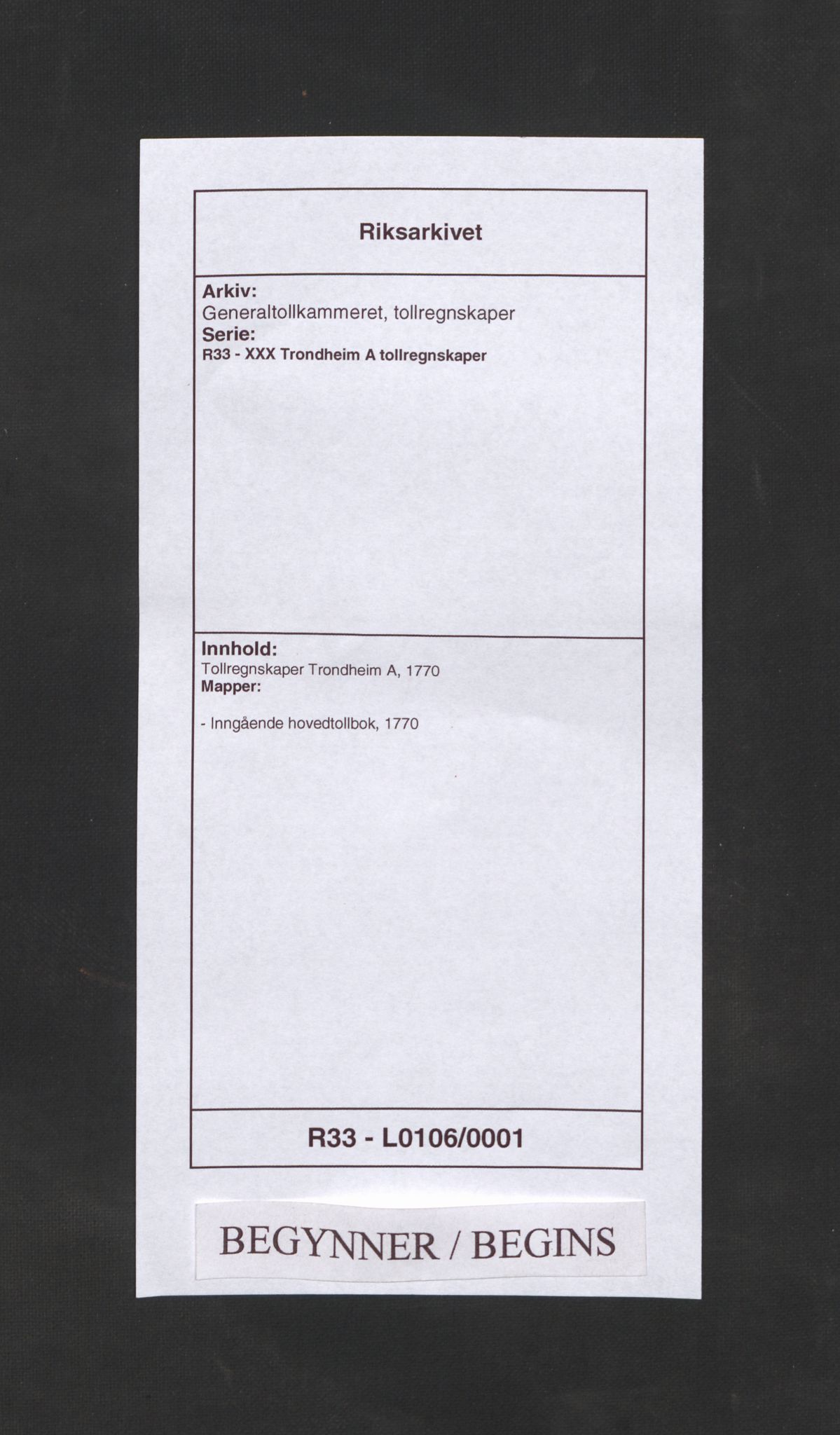 Generaltollkammeret, tollregnskaper, AV/RA-EA-5490/R33/L0106/0001: Tollregnskaper Trondheim A / Inngående hovedtollbok, 1770