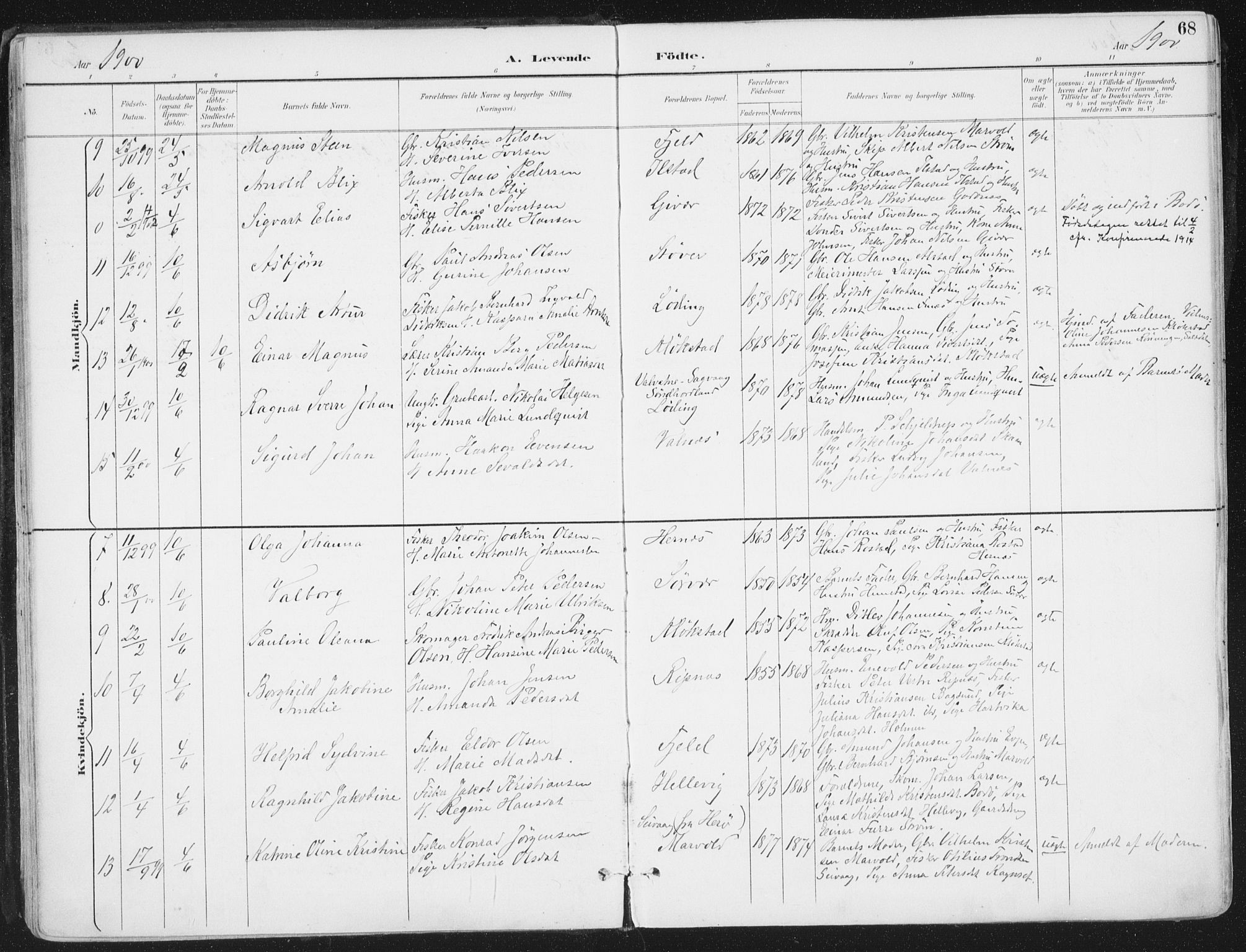 Ministerialprotokoller, klokkerbøker og fødselsregistre - Nordland, AV/SAT-A-1459/802/L0055: Parish register (official) no. 802A02, 1894-1915, p. 68