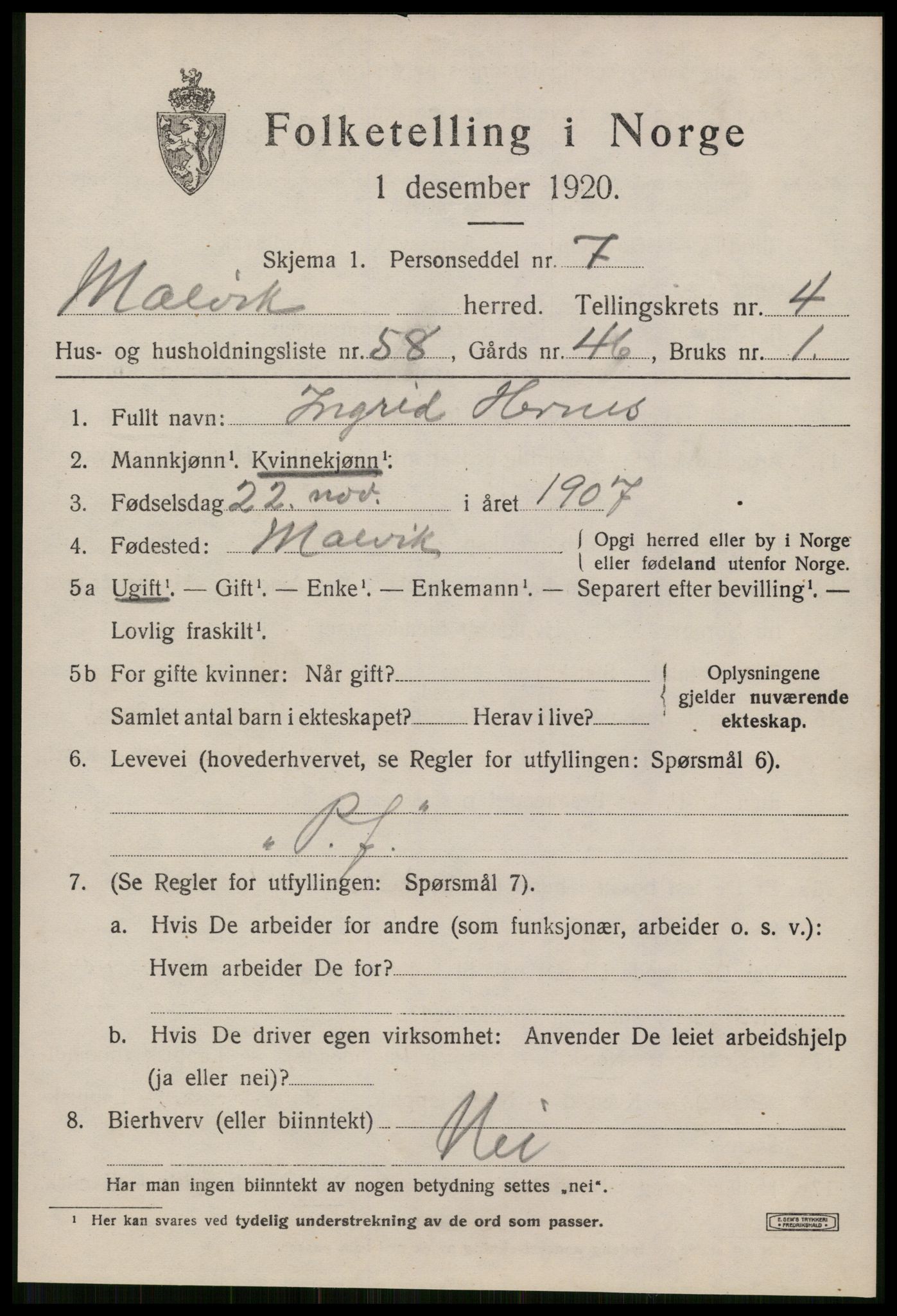 SAT, 1920 census for Malvik, 1920, p. 3176