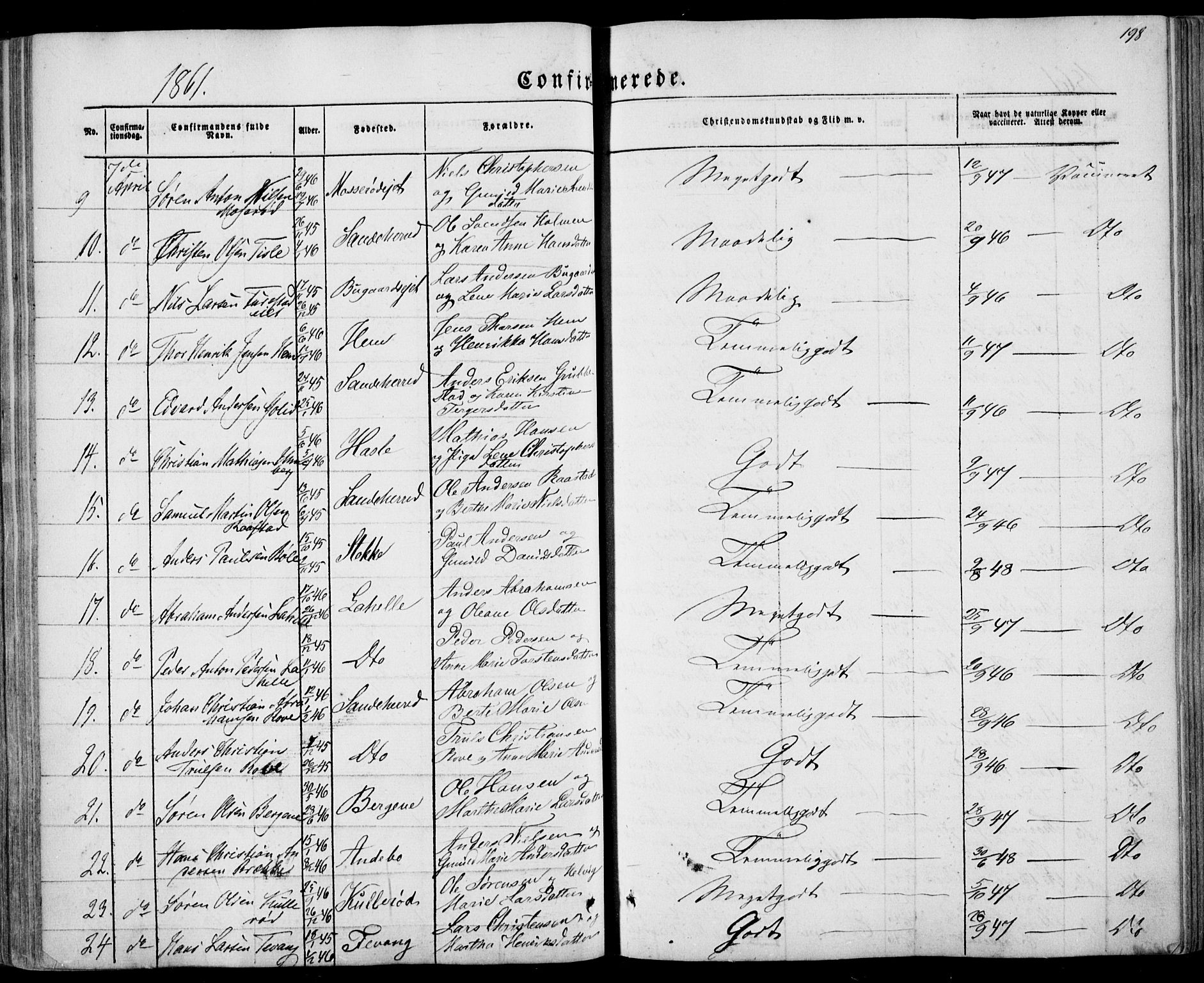 Sandar kirkebøker, AV/SAKO-A-243/F/Fa/L0007: Parish register (official) no. 7, 1855-1861, p. 198