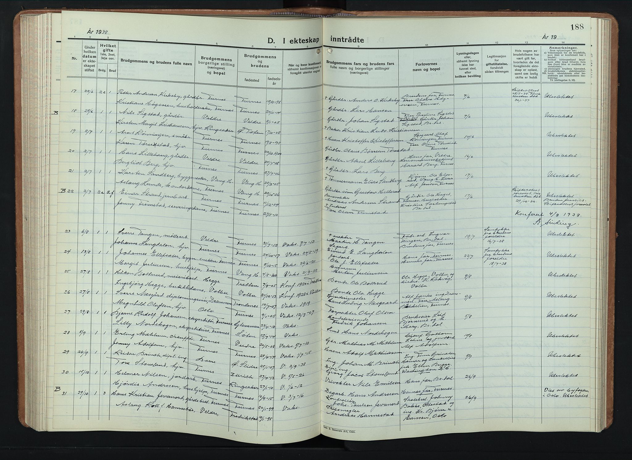 Furnes prestekontor, AV/SAH-PREST-012/L/La/L0002: Parish register (copy) no. 2, 1934-1956, p. 188