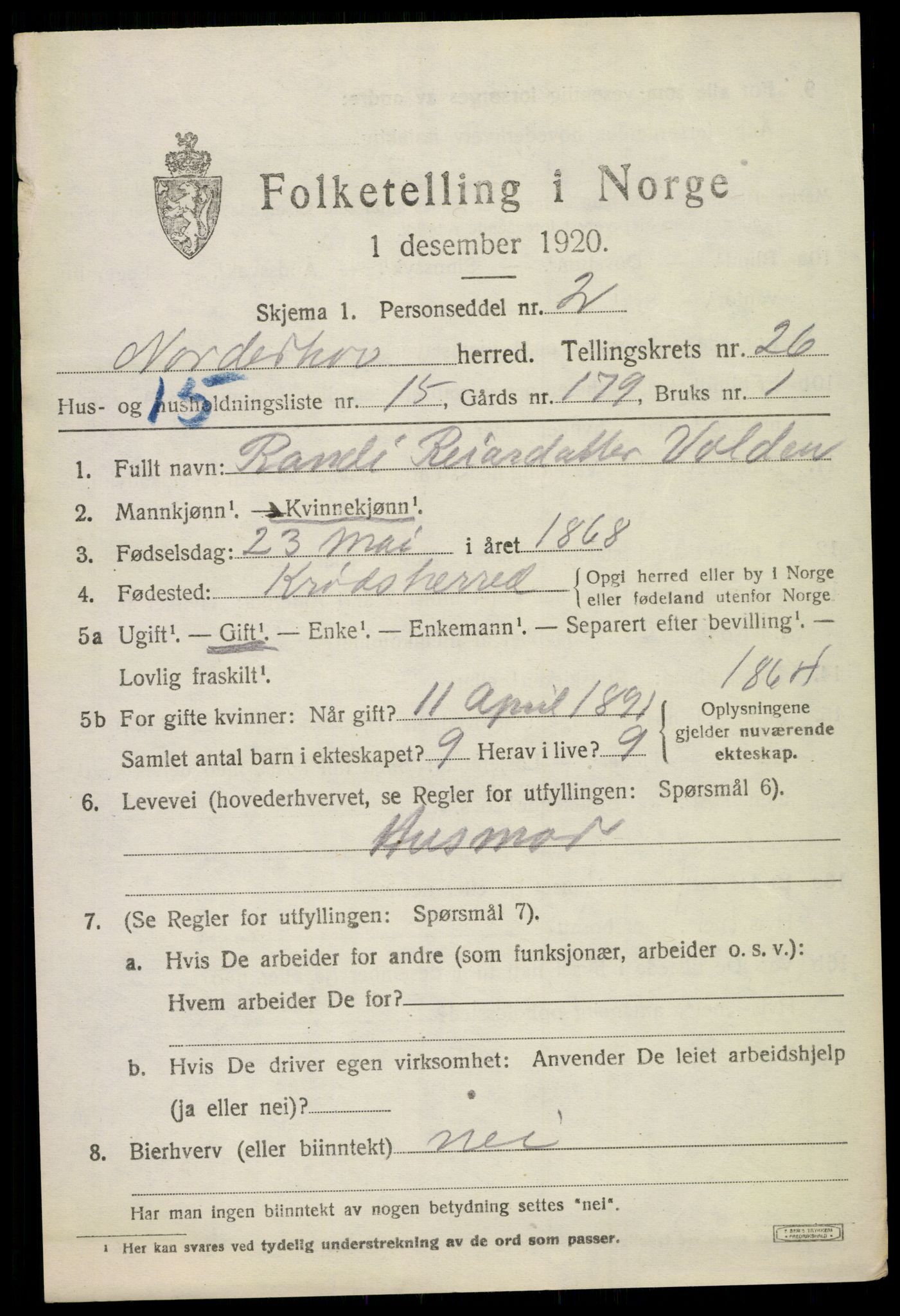 SAKO, 1920 census for Norderhov, 1920, p. 24271