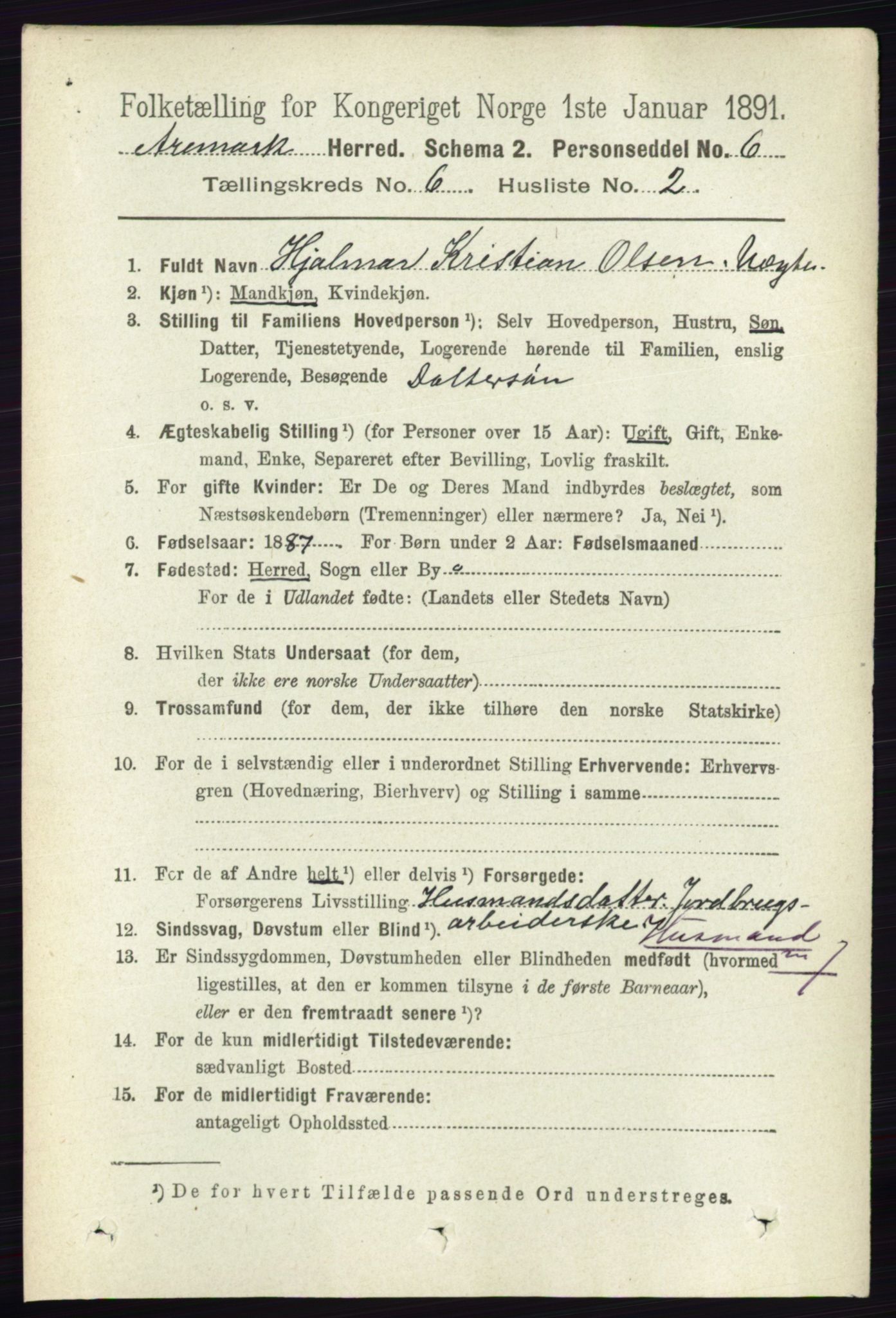 RA, 1891 census for 0118 Aremark, 1891, p. 3122