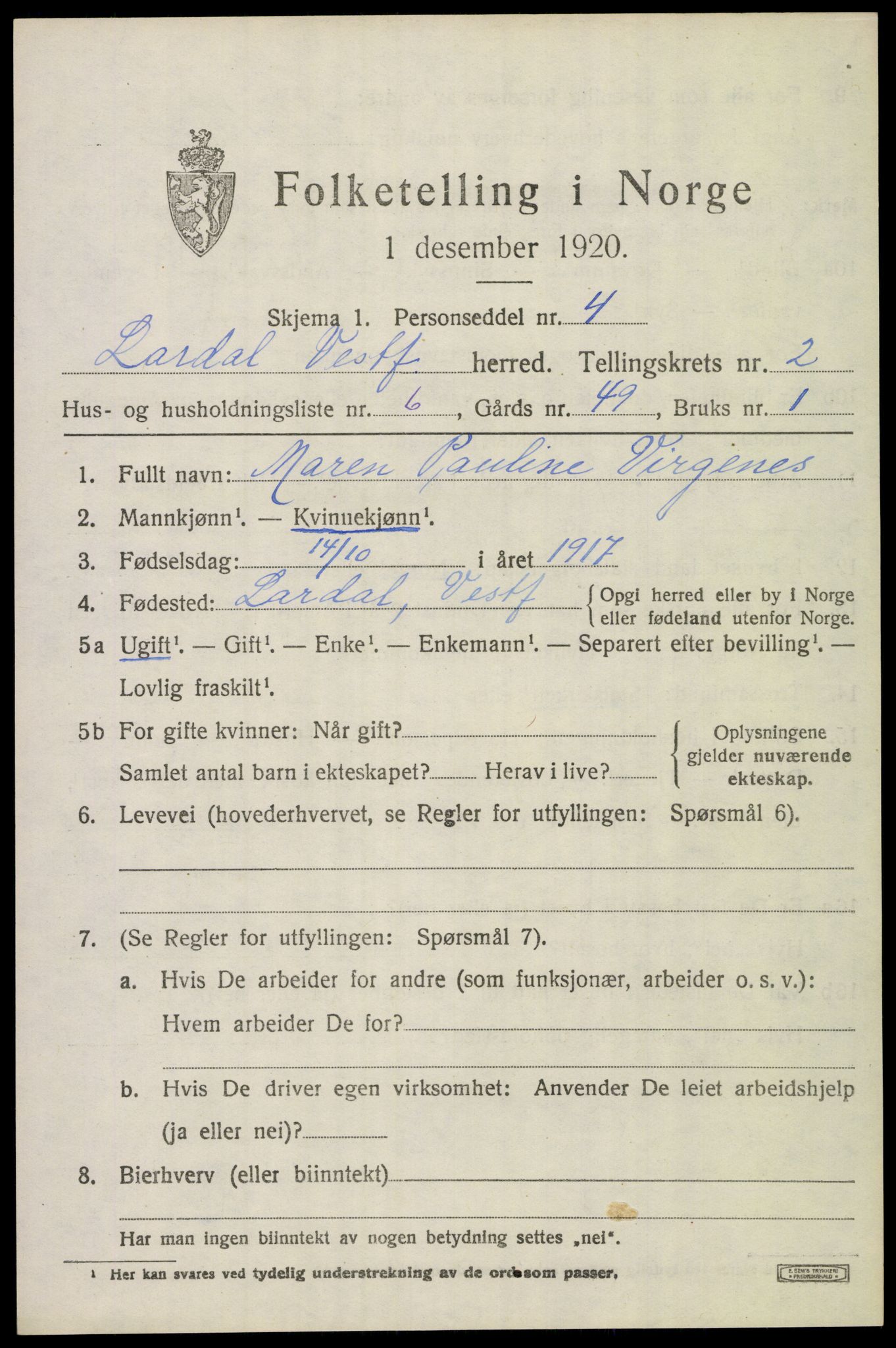SAKO, 1920 census for Lardal, 1920, p. 2013