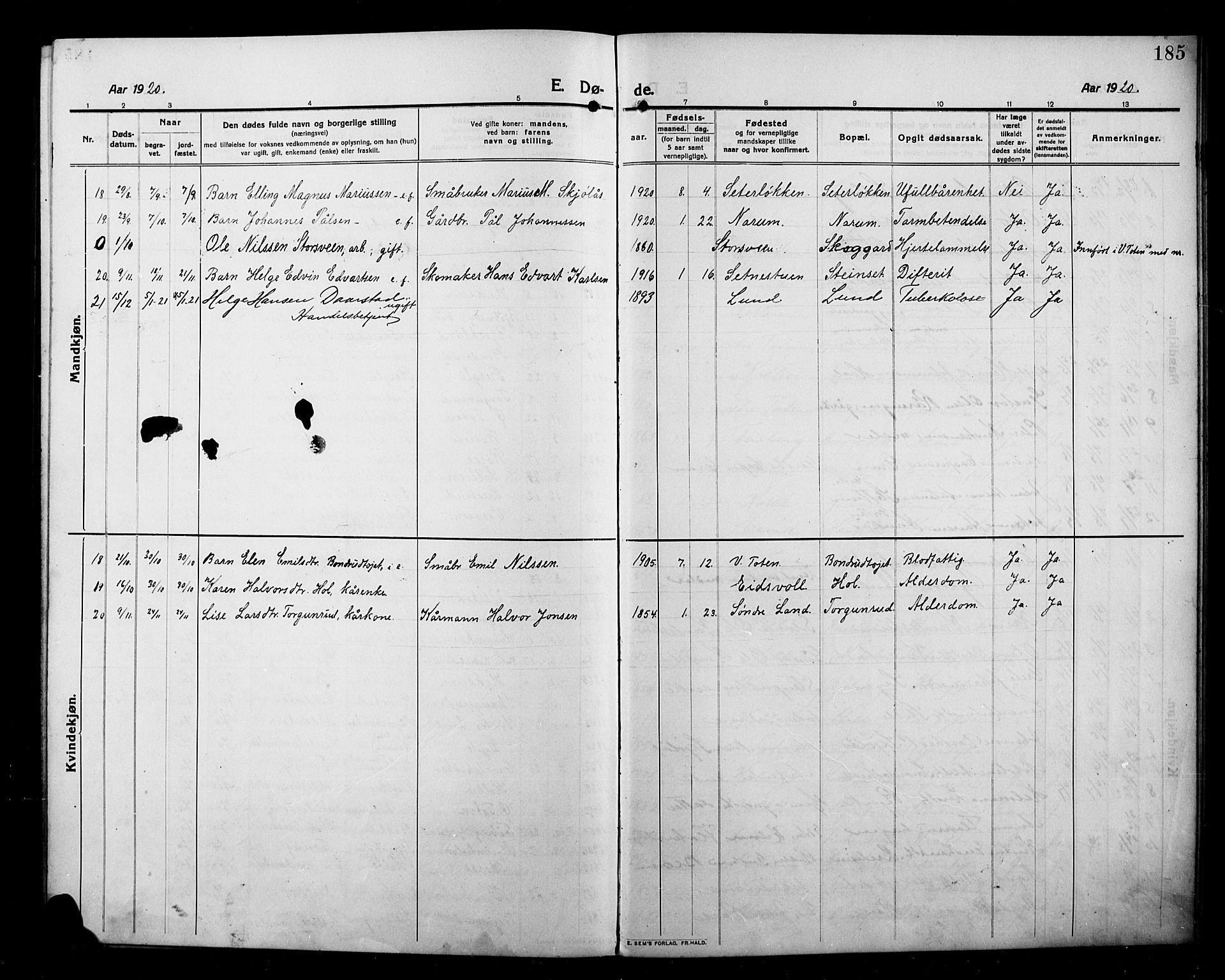 Kolbu prestekontor, SAH/PREST-110/H/Ha/Hab/L0001: Parish register (copy) no. 1, 1912-1925, p. 185