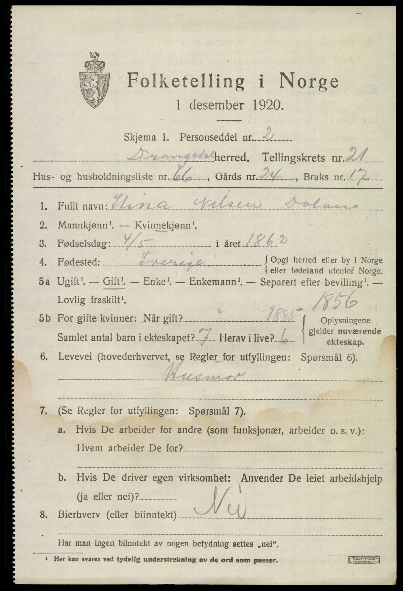 SAKO, 1920 census for Drangedal, 1920, p. 9955
