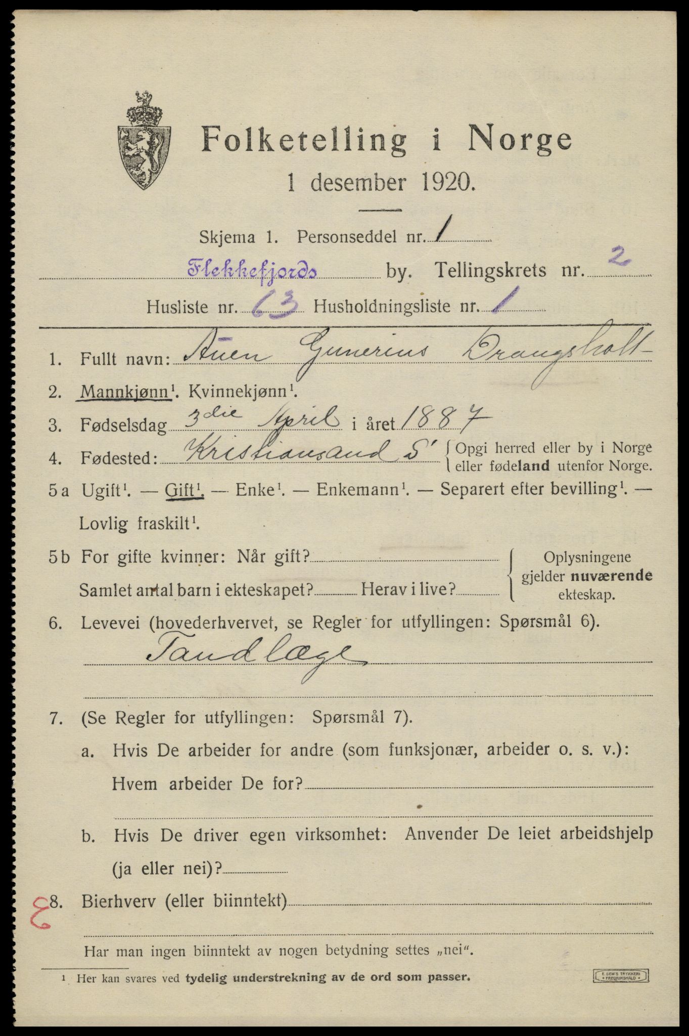 SAK, 1920 census for Flekkefjord, 1920, p. 3238