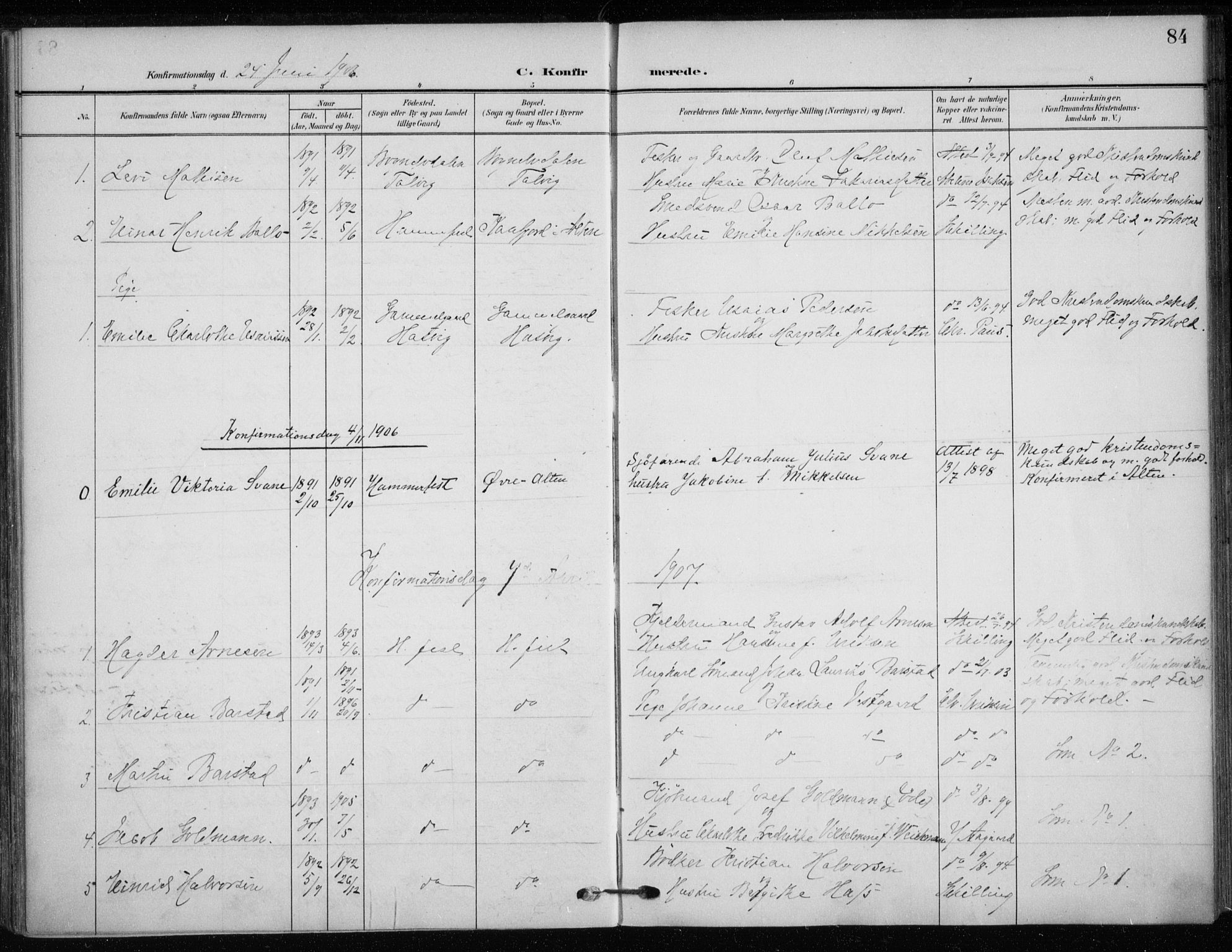 Hammerfest sokneprestkontor, AV/SATØ-S-1347/H/Ha/L0014.kirke: Parish register (official) no. 14, 1906-1916, p. 84