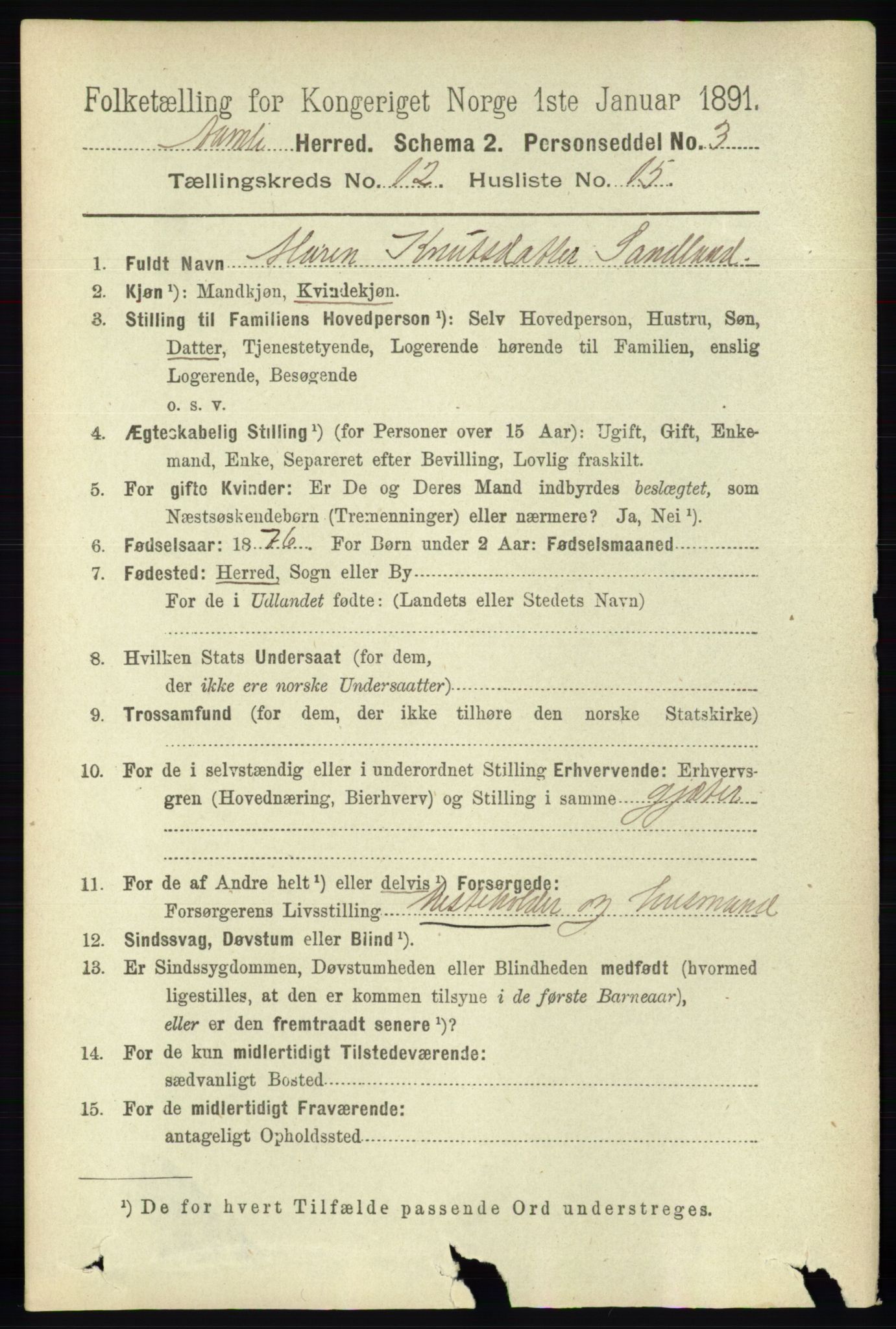 RA, 1891 census for 0929 Åmli, 1891, p. 2129