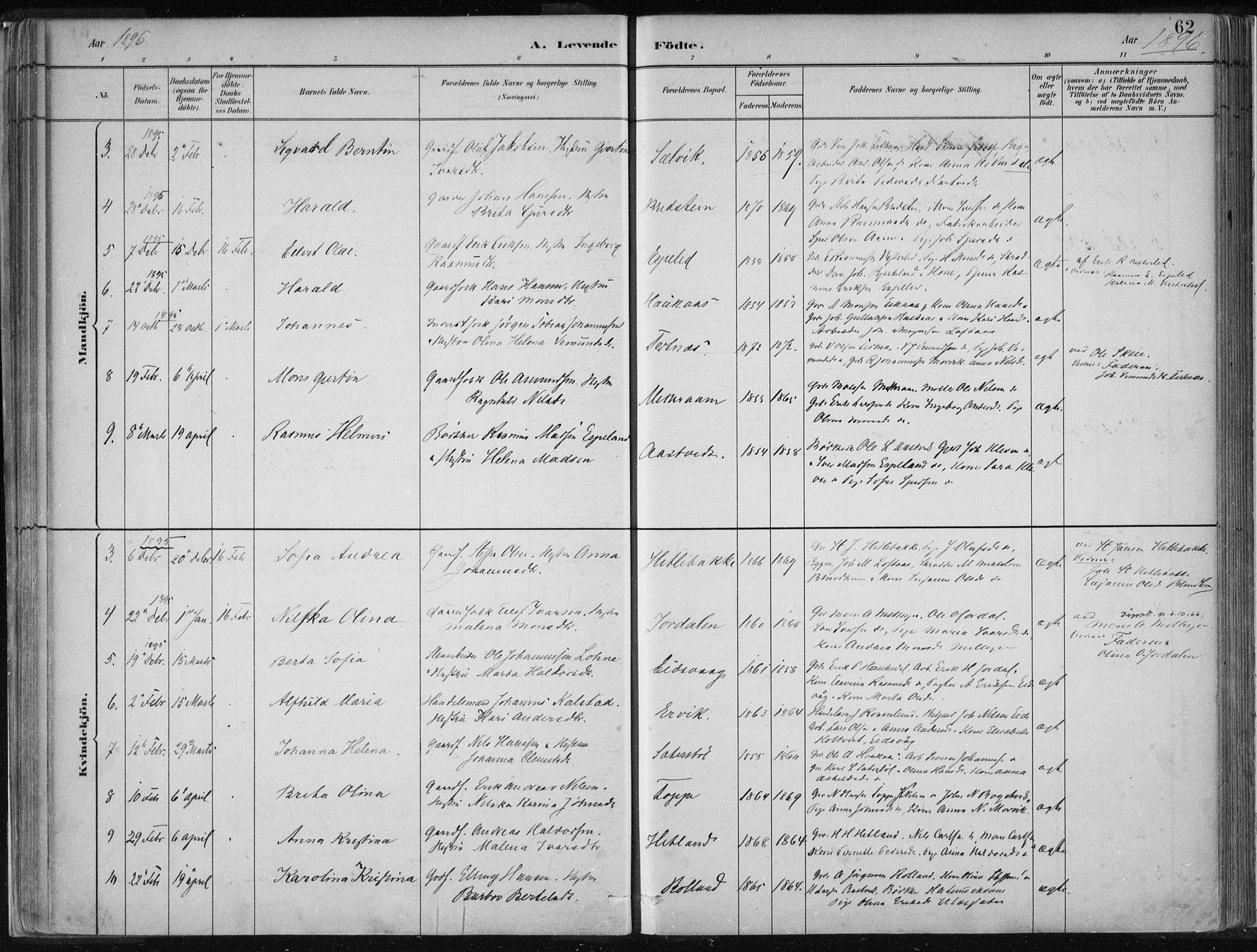 Hamre sokneprestembete, SAB/A-75501/H/Ha/Haa/Haad/L0001: Parish register (official) no. D  1, 1882-1906, p. 62