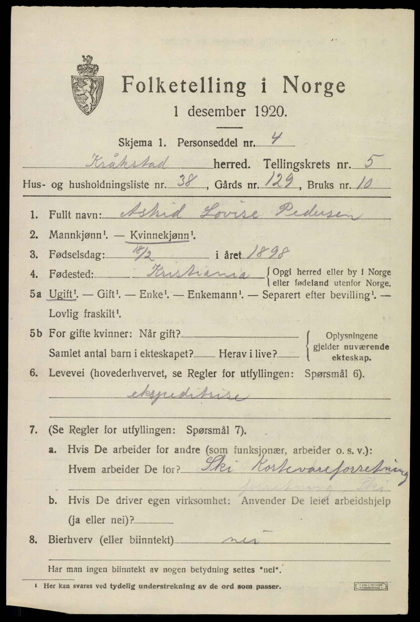 SAO, 1920 census for Kråkstad, 1920, p. 5407