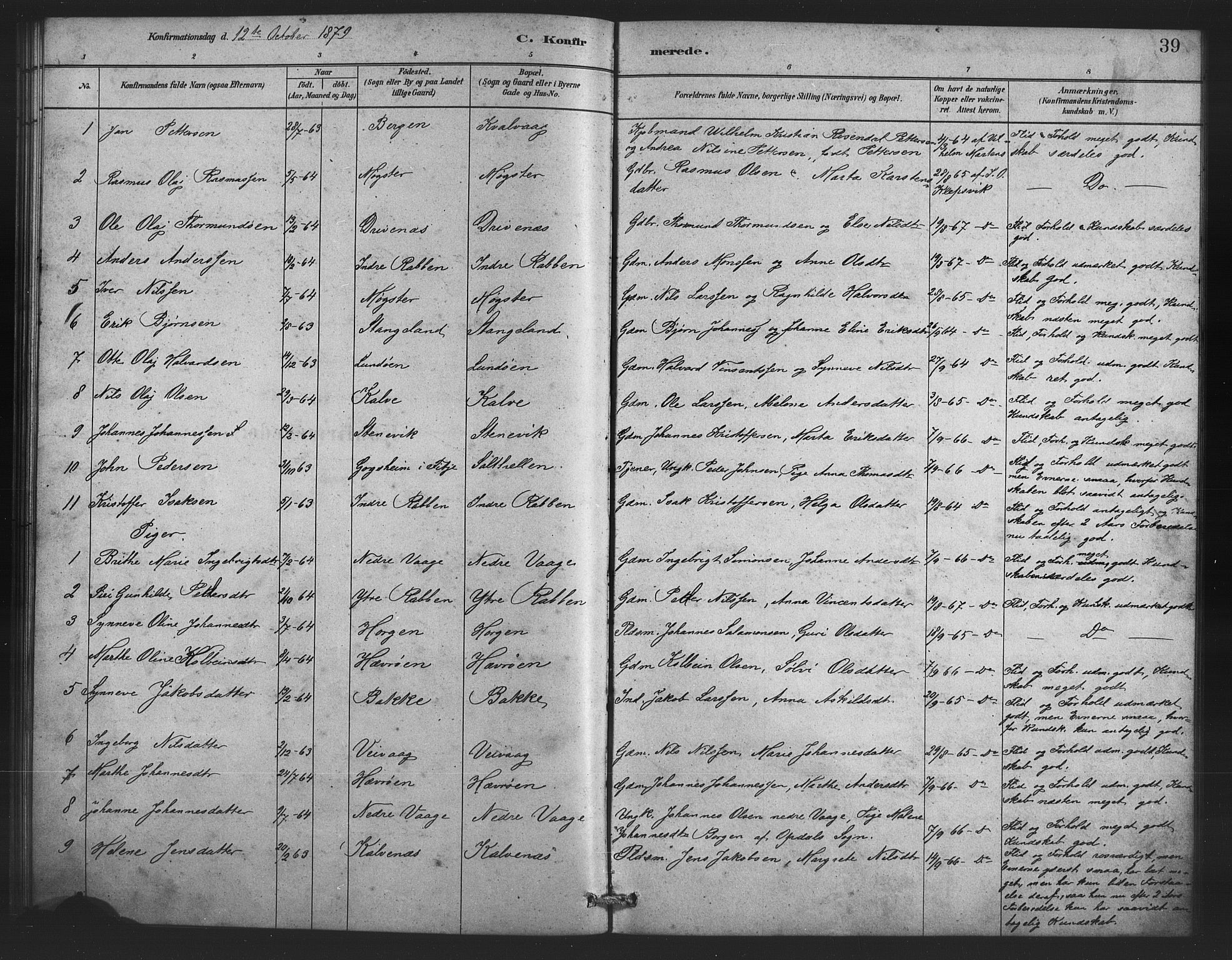 Austevoll Sokneprestembete, SAB/A-74201/H/Hab: Parish register (copy) no. B 3, 1879-1888, p. 39