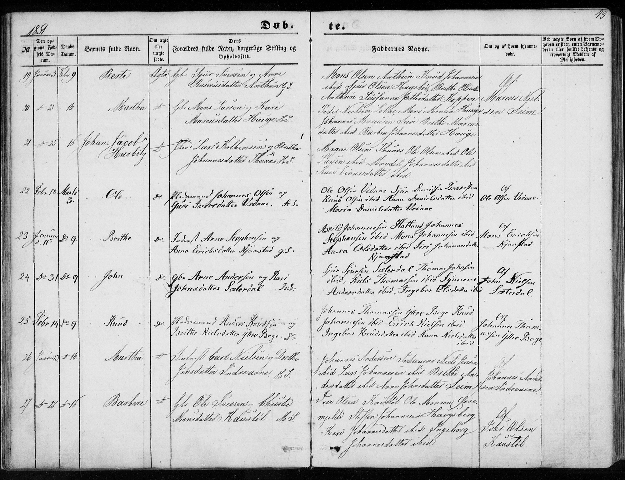 Haus sokneprestembete, AV/SAB-A-75601/H/Haa: Parish register (official) no. A 16 I, 1848-1857, p. 43