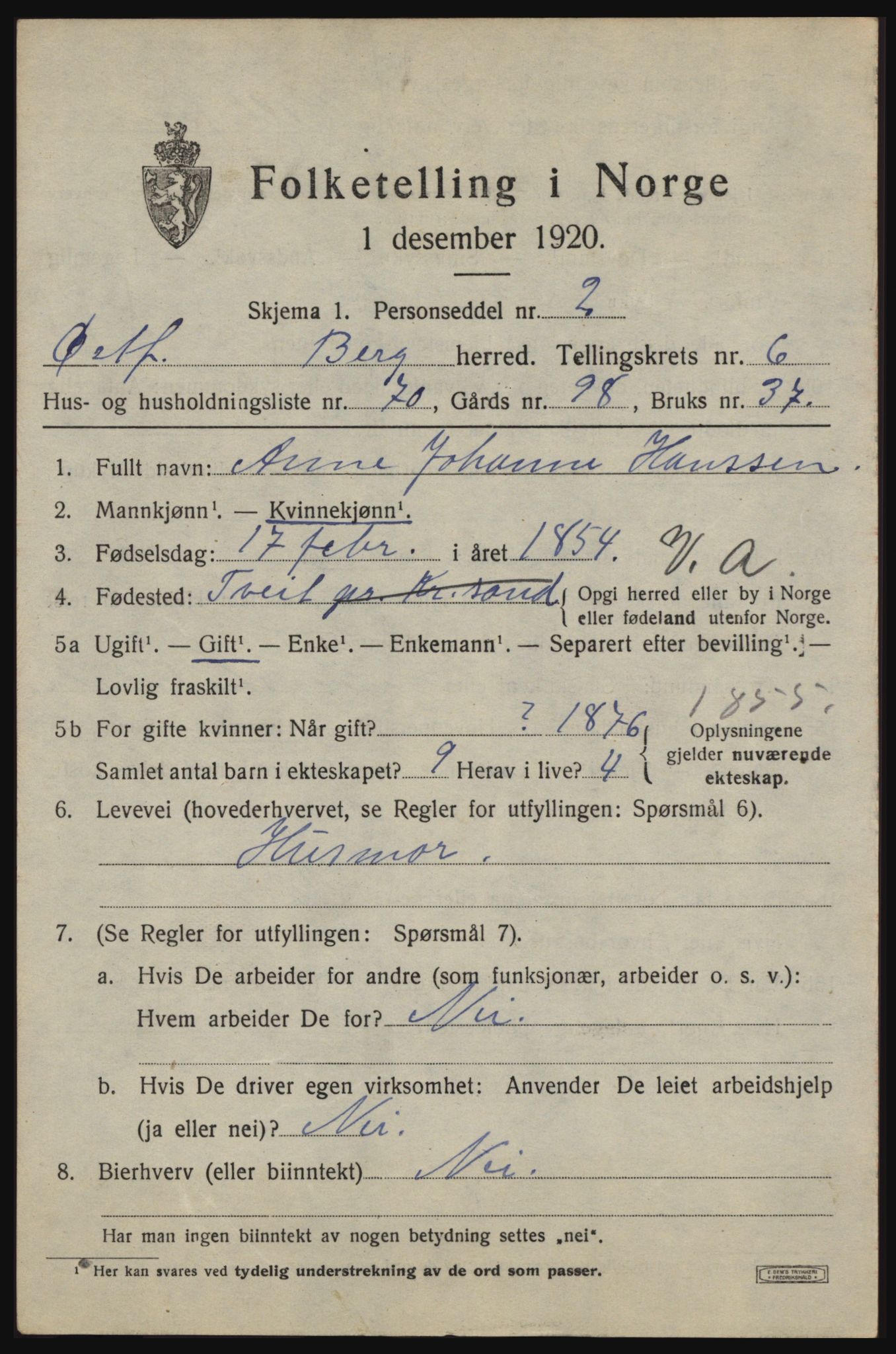 SAO, 1920 census for Berg, 1920, p. 11401