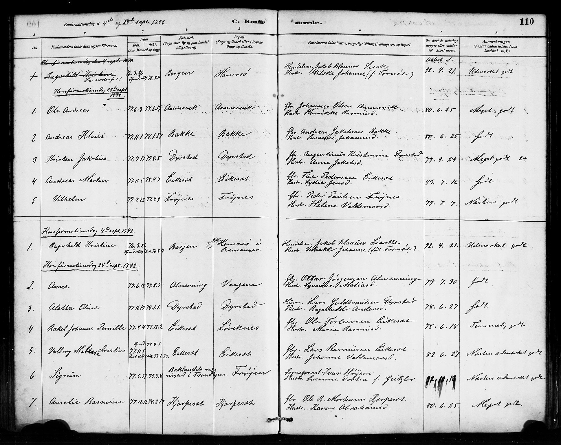 Bremanger sokneprestembete, SAB/A-82201/H/Haa/Haab/L0001: Parish register (official) no. B 1, 1884-1895, p. 110