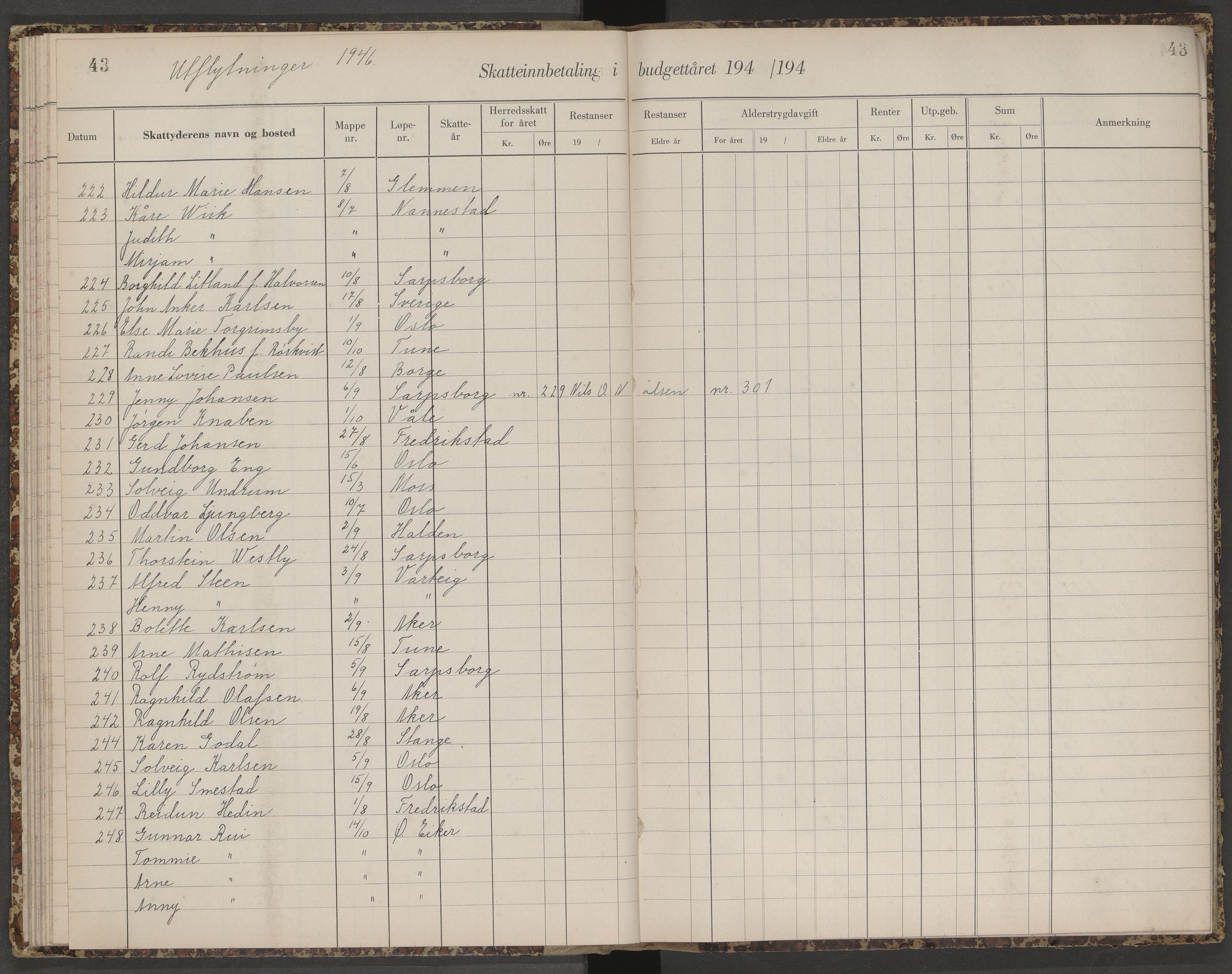 Skjeberg folkeregister, AV/SAO-A-10495/K/Ka/L0003: Fortegnelse over inn- og utflyttede, 1943-1947, p. 43