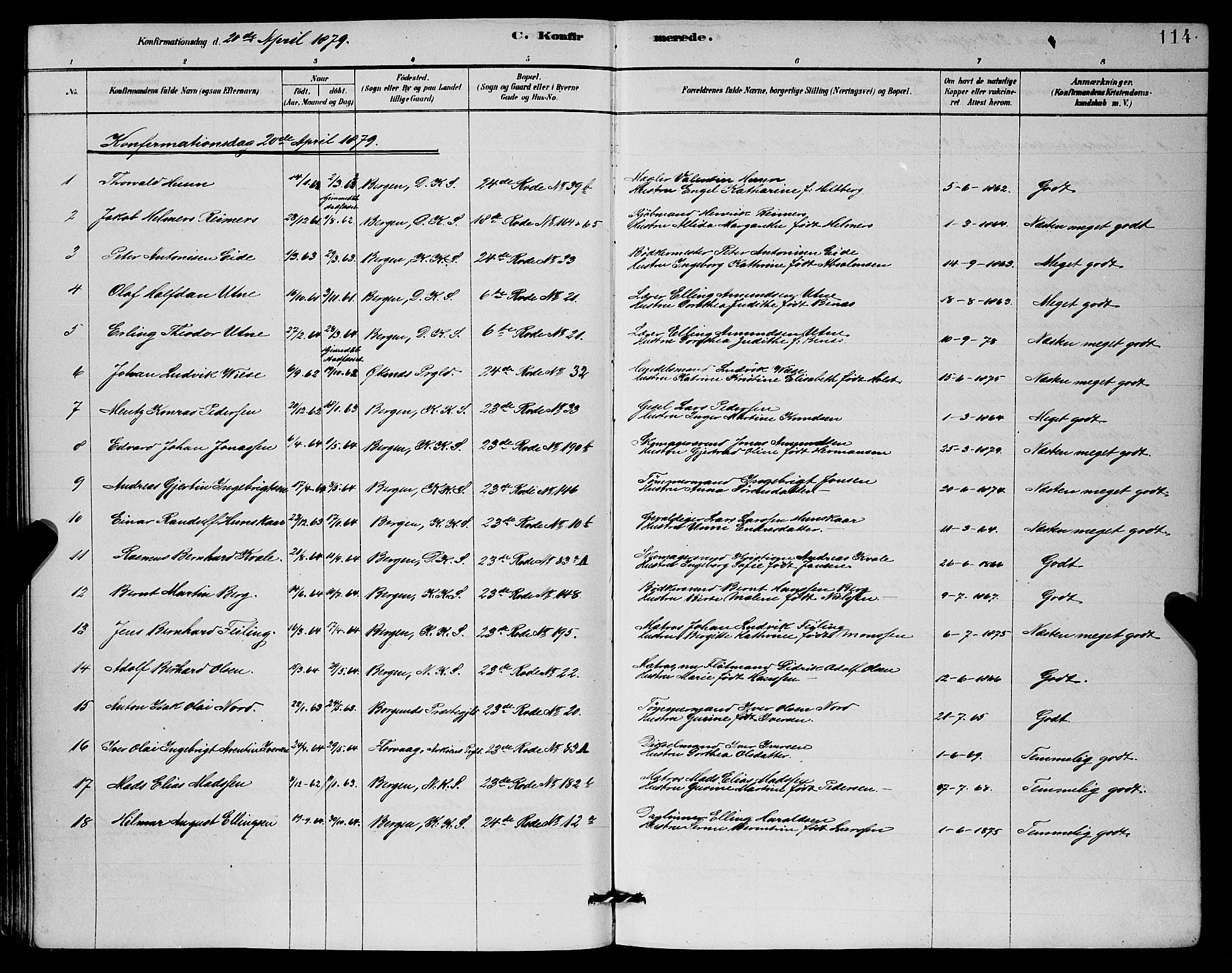 Mariakirken Sokneprestembete, SAB/A-76901/H/Hab/L0004: Parish register (copy) no. A 4, 1878-1892, p. 114