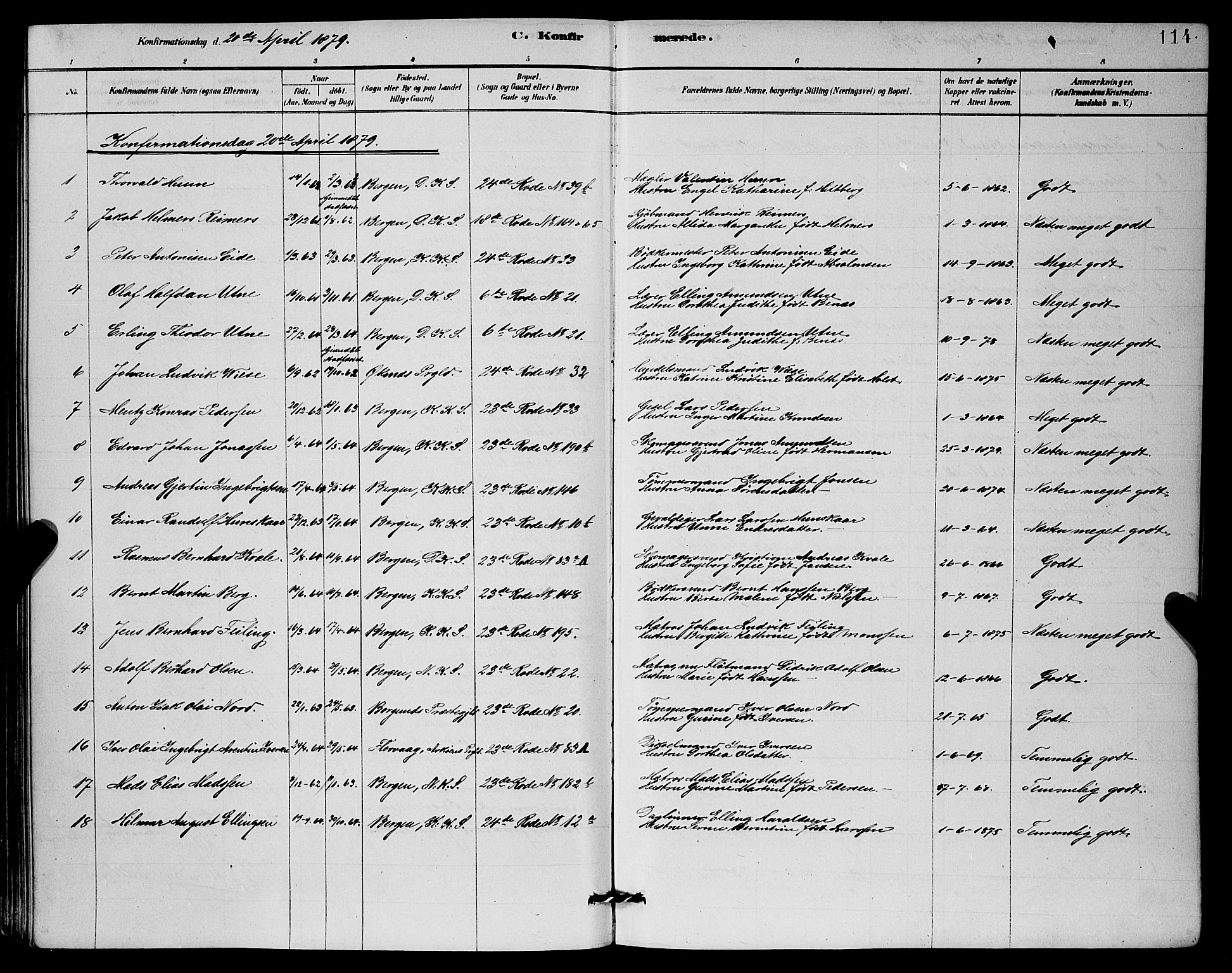 Mariakirken Sokneprestembete, AV/SAB-A-76901/H/Hab/L0004: Parish register (copy) no. A 4, 1878-1892, p. 114