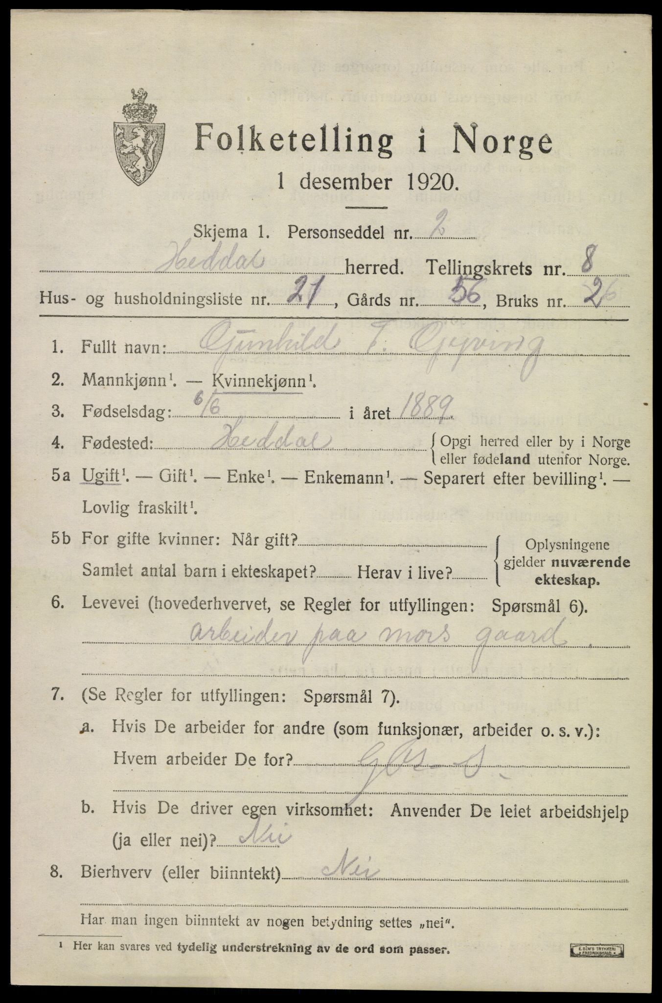 SAKO, 1920 census for Heddal, 1920, p. 6240