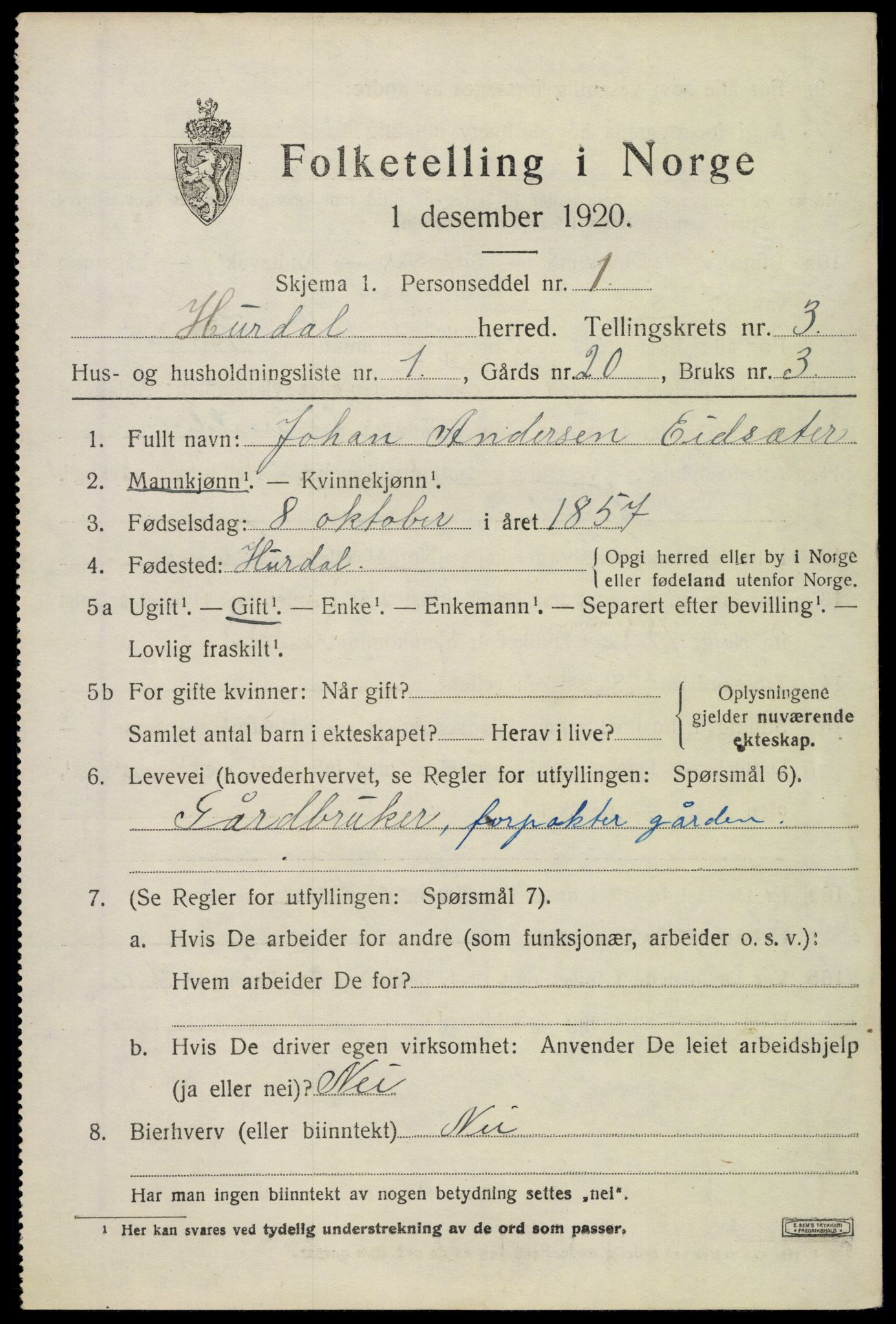 SAO, 1920 census for Hurdal, 1920, p. 2228