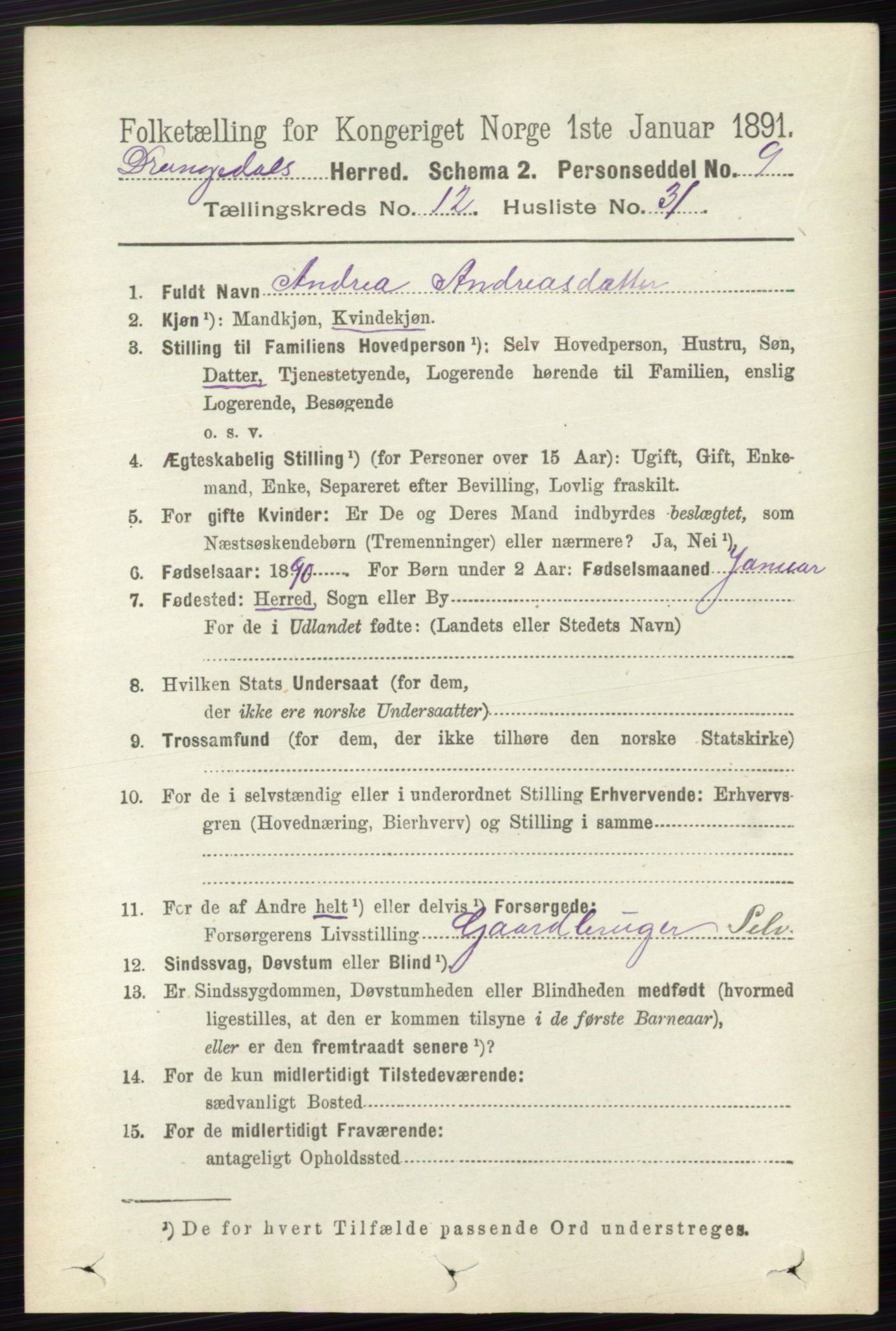 RA, 1891 census for 0817 Drangedal, 1891, p. 4552