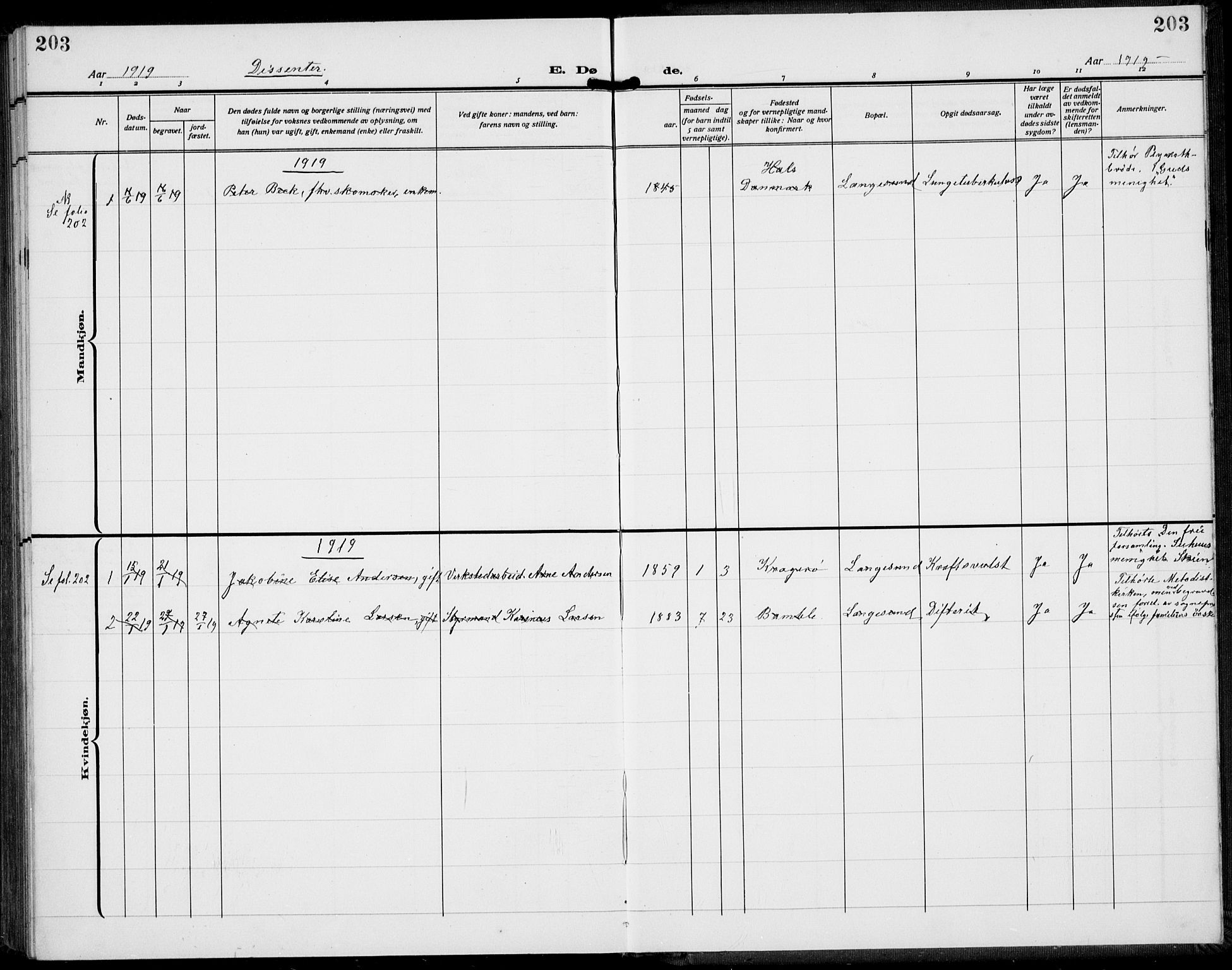 Langesund kirkebøker, AV/SAKO-A-280/G/Ga/L0007: Parish register (copy) no. 7, 1919-1939, p. 203