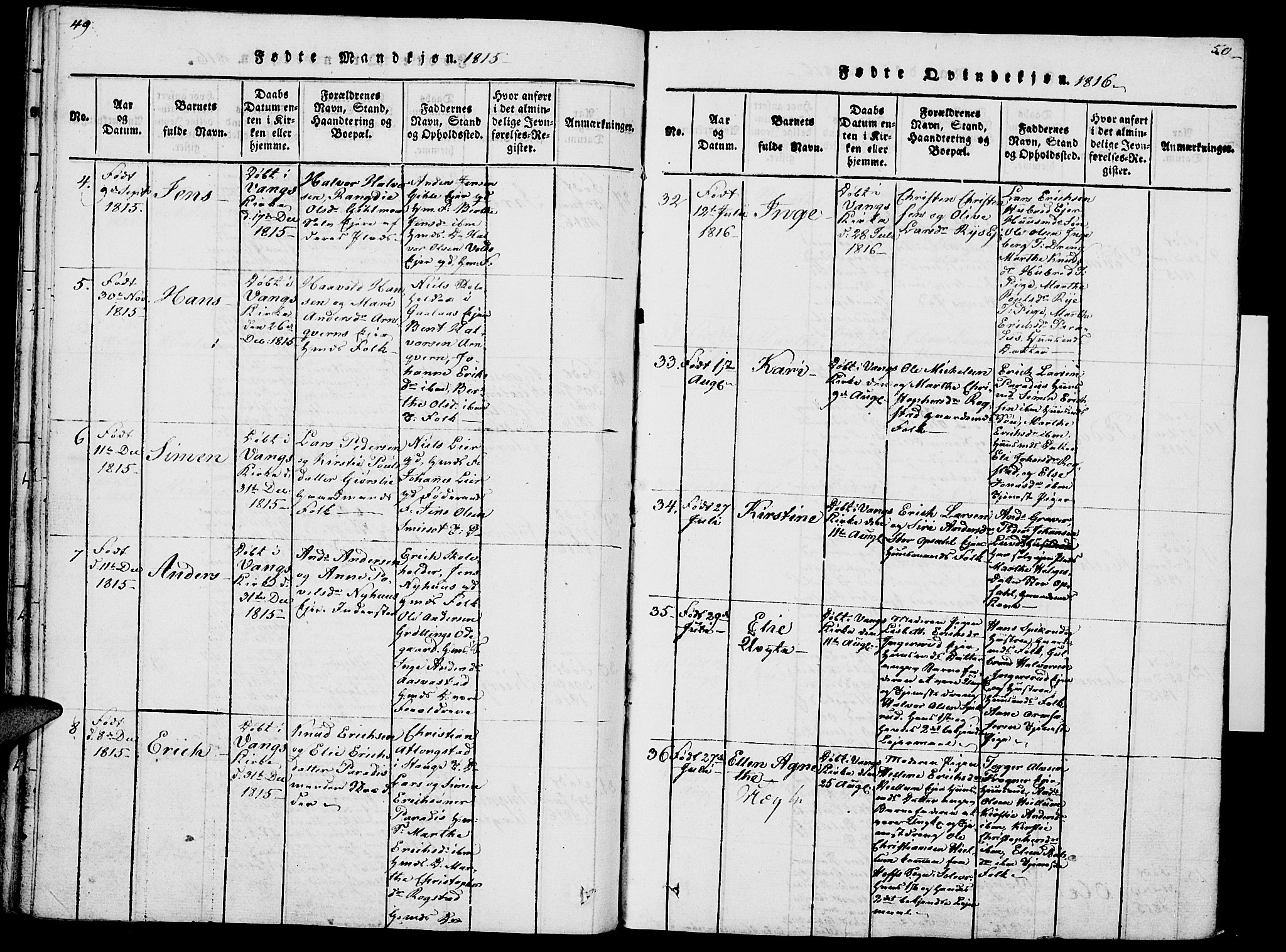 Vang prestekontor, Hedmark, SAH/PREST-008/H/Ha/Haa/L0007: Parish register (official) no. 7, 1813-1826, p. 49-50