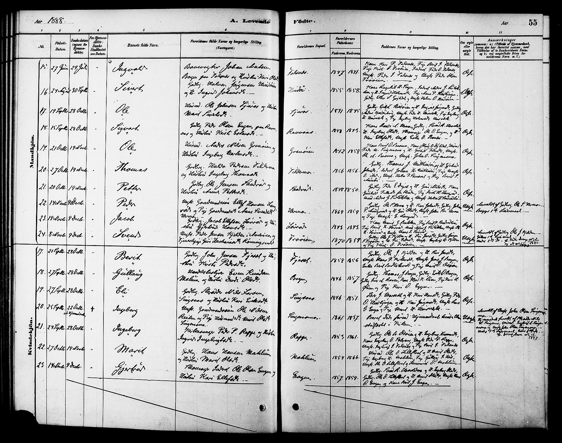 Ministerialprotokoller, klokkerbøker og fødselsregistre - Sør-Trøndelag, AV/SAT-A-1456/688/L1024: Parish register (official) no. 688A01, 1879-1890, p. 55