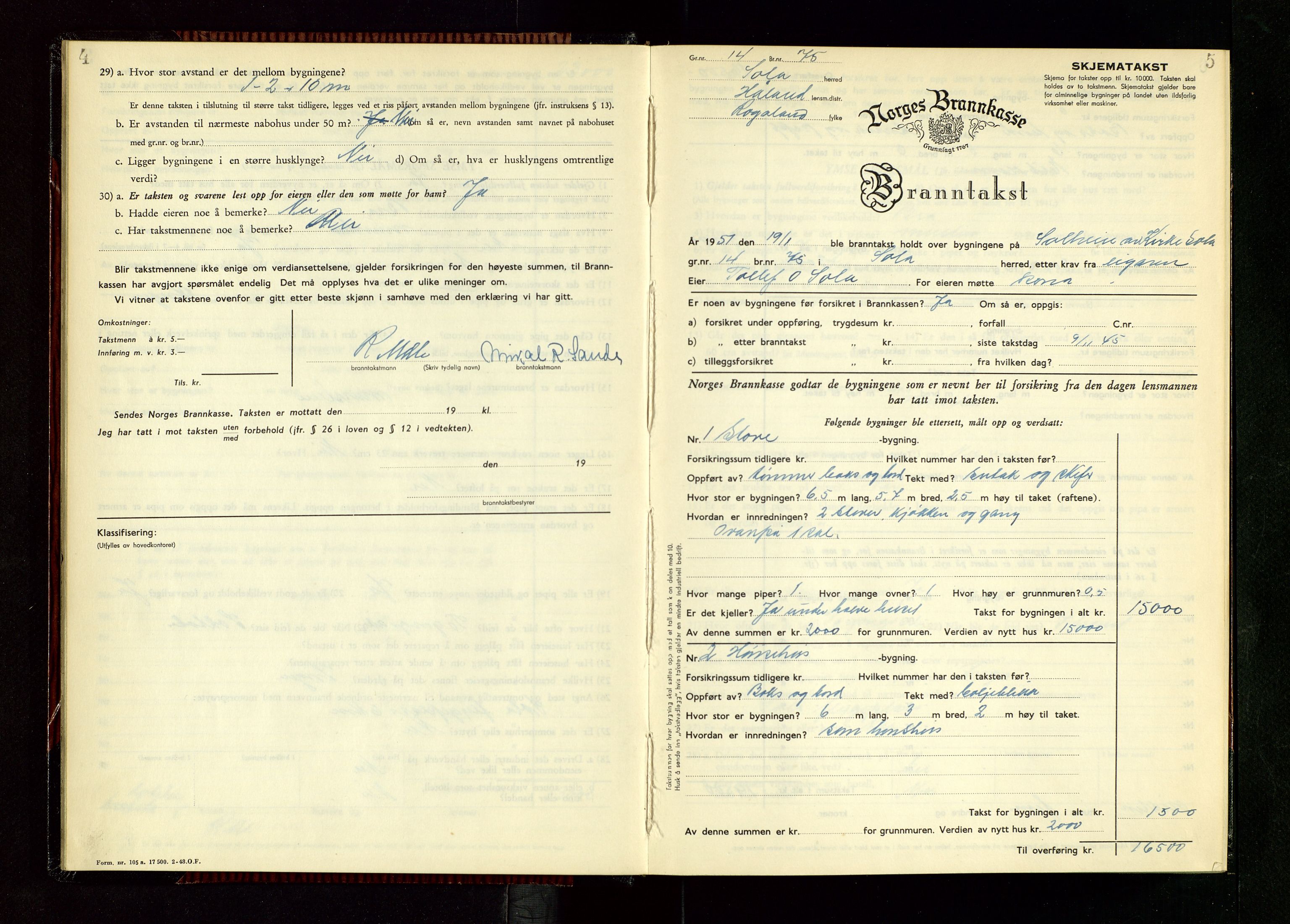 Håland lensmannskontor, AV/SAST-A-100100/Gob/L0014: "Branntakstprotokoll" - skjematakst, 1951-1955, p. 4-5