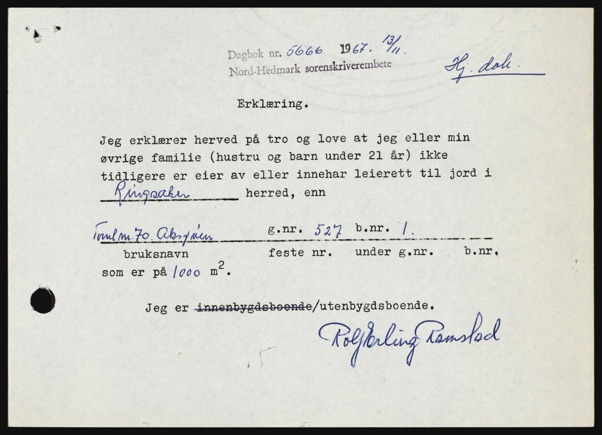 Nord-Hedmark sorenskriveri, SAH/TING-012/H/Hc/L0027: Mortgage book no. 27, 1967-1968, Diary no: : 5666/1967