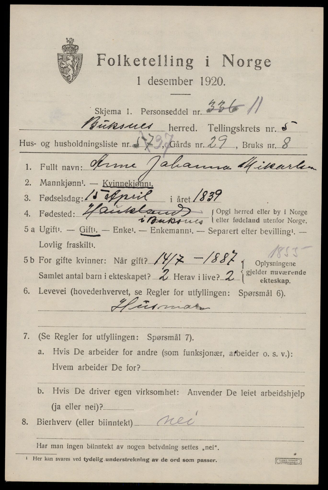 SAT, 1920 census for Buksnes, 1920, p. 5747