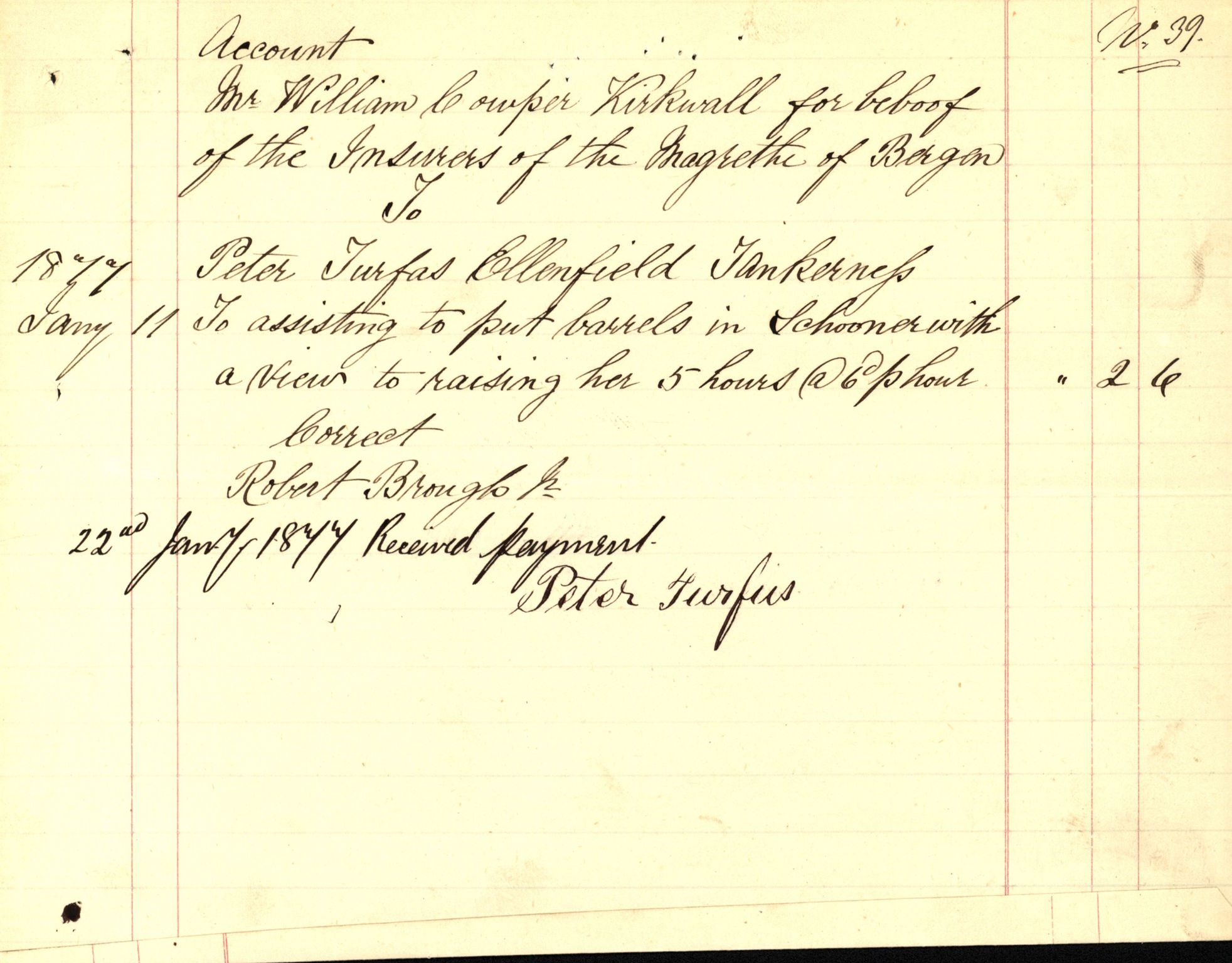 Pa 63 - Østlandske skibsassuranceforening, VEMU/A-1079/G/Ga/L0009/0021: Havaridokumenter / Margrethe af Bergen, 1877