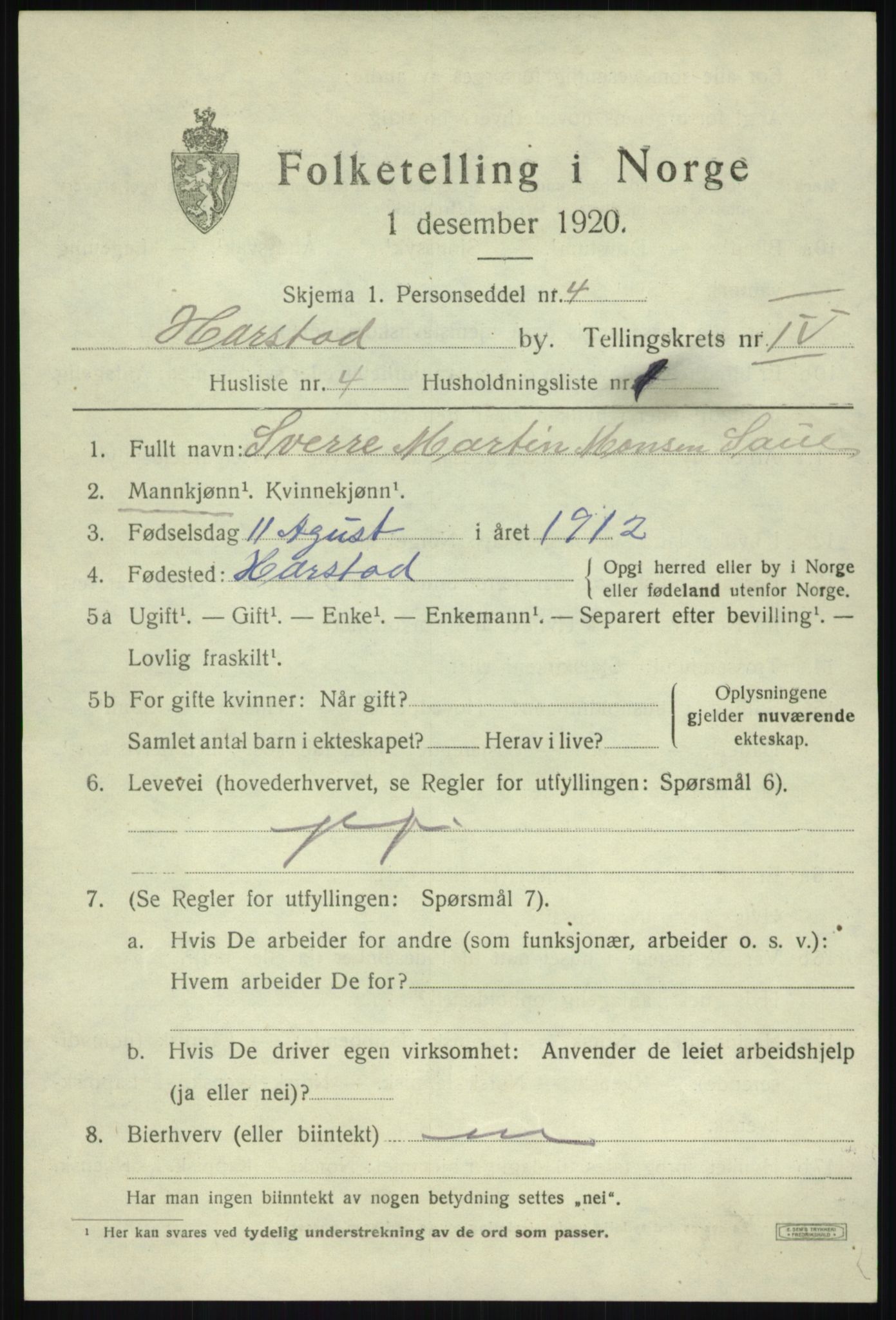 SATØ, 1920 census for Harstad, 1920, p. 5204