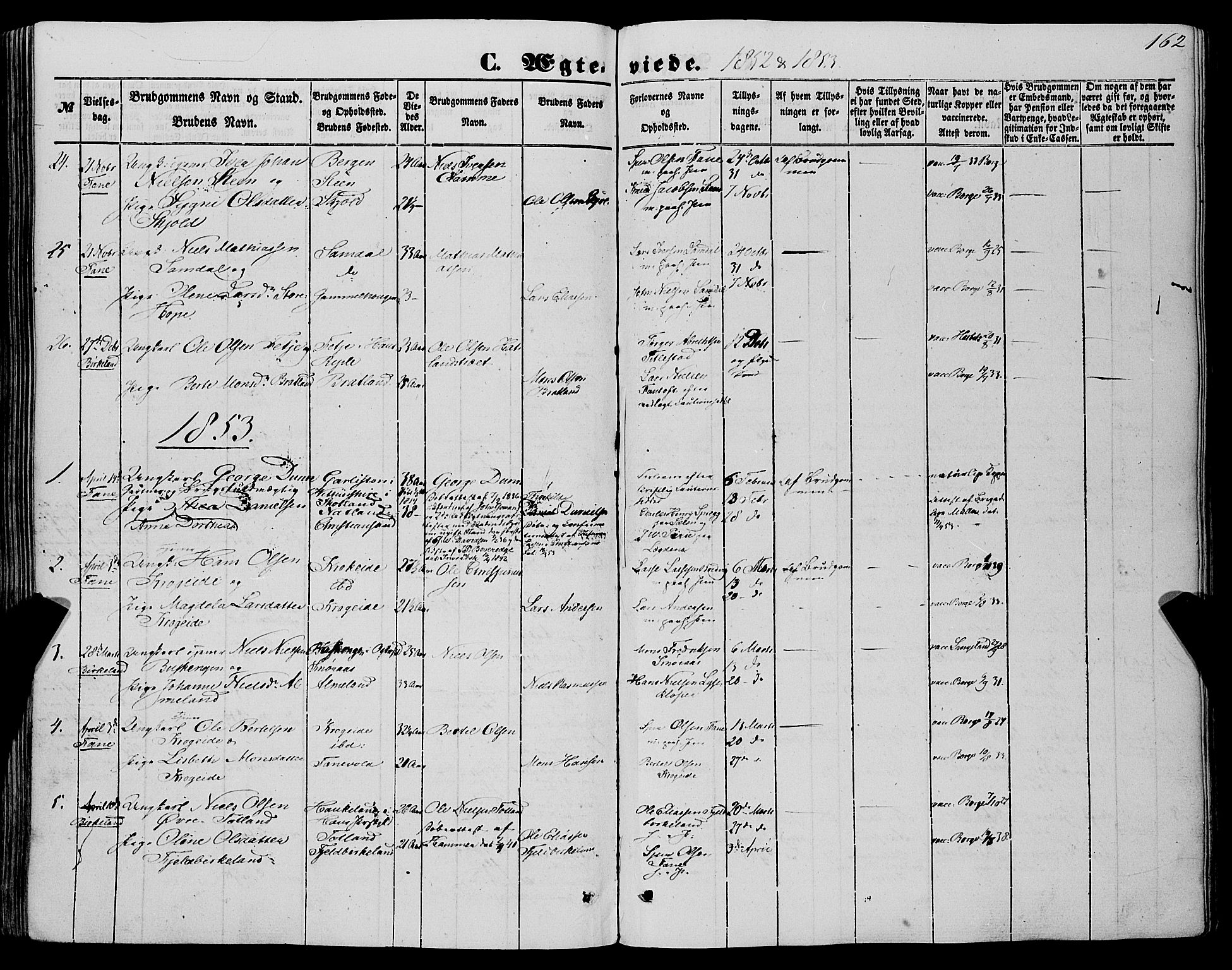 Fana Sokneprestembete, AV/SAB-A-75101/H/Haa/Haaa/L0011: Parish register (official) no. A 11, 1851-1862, p. 162