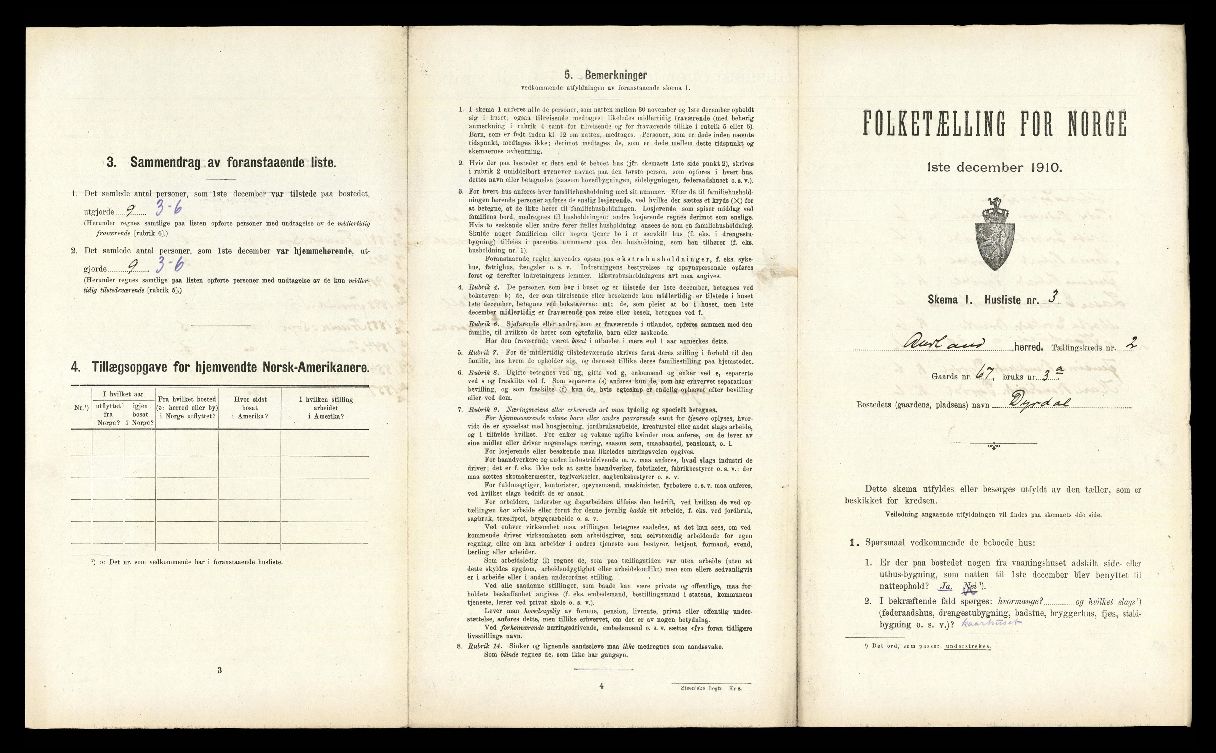 RA, 1910 census for Aurland, 1910, p. 143