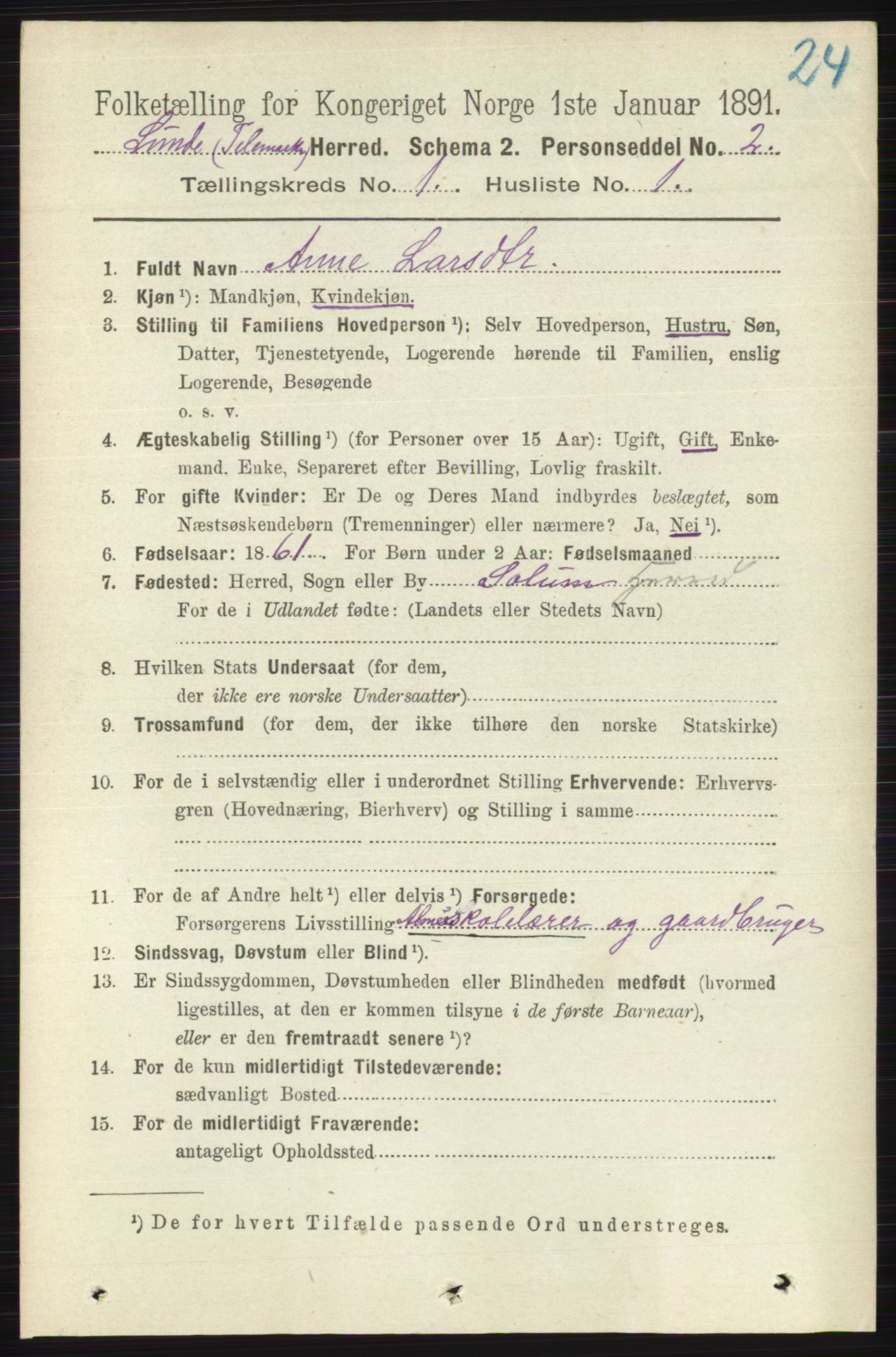 RA, 1891 census for 0820 Lunde, 1891, p. 76
