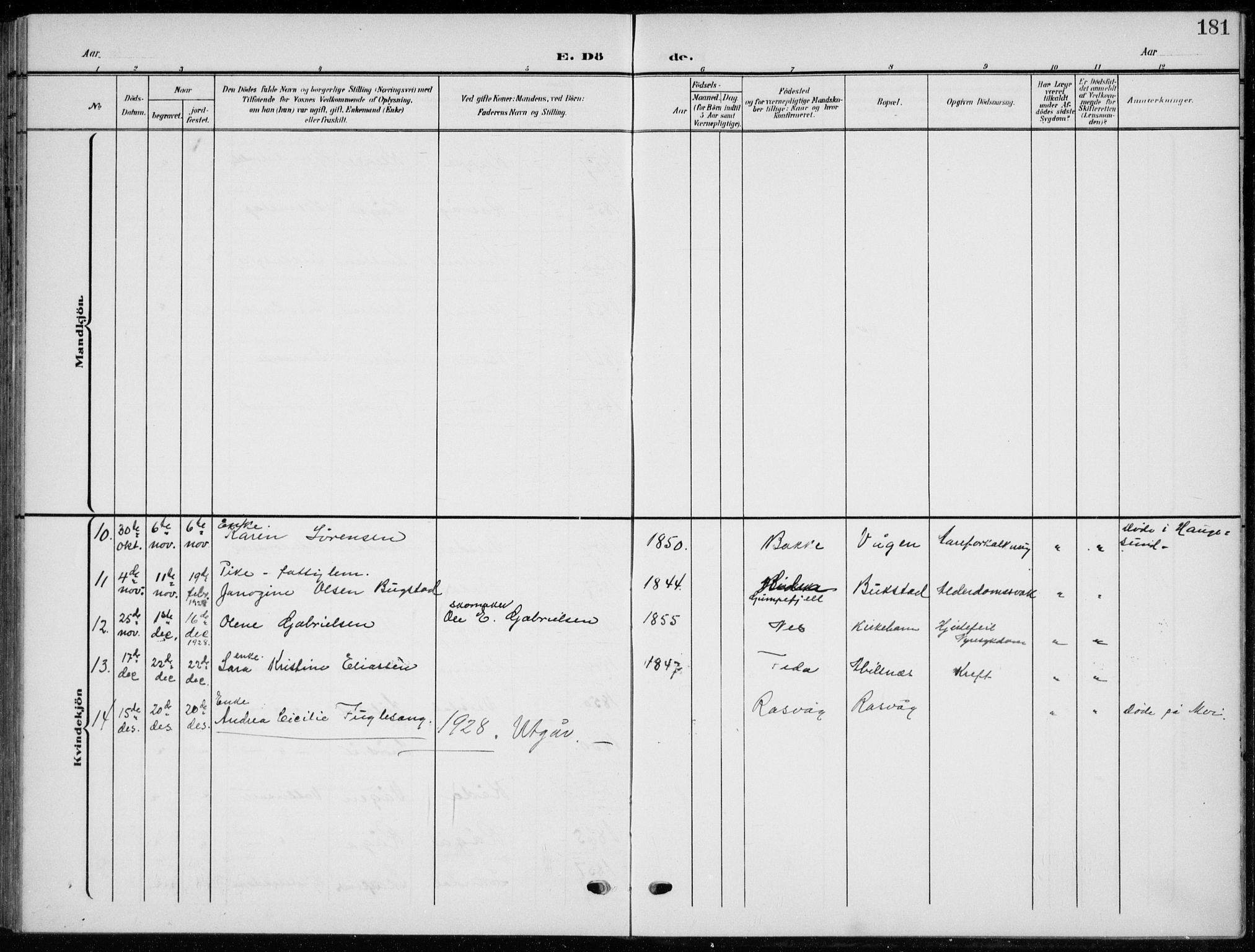 Flekkefjord sokneprestkontor, AV/SAK-1111-0012/F/Fb/Fbb/L0005: Parish register (copy) no. B 5, 1908-1927, p. 181