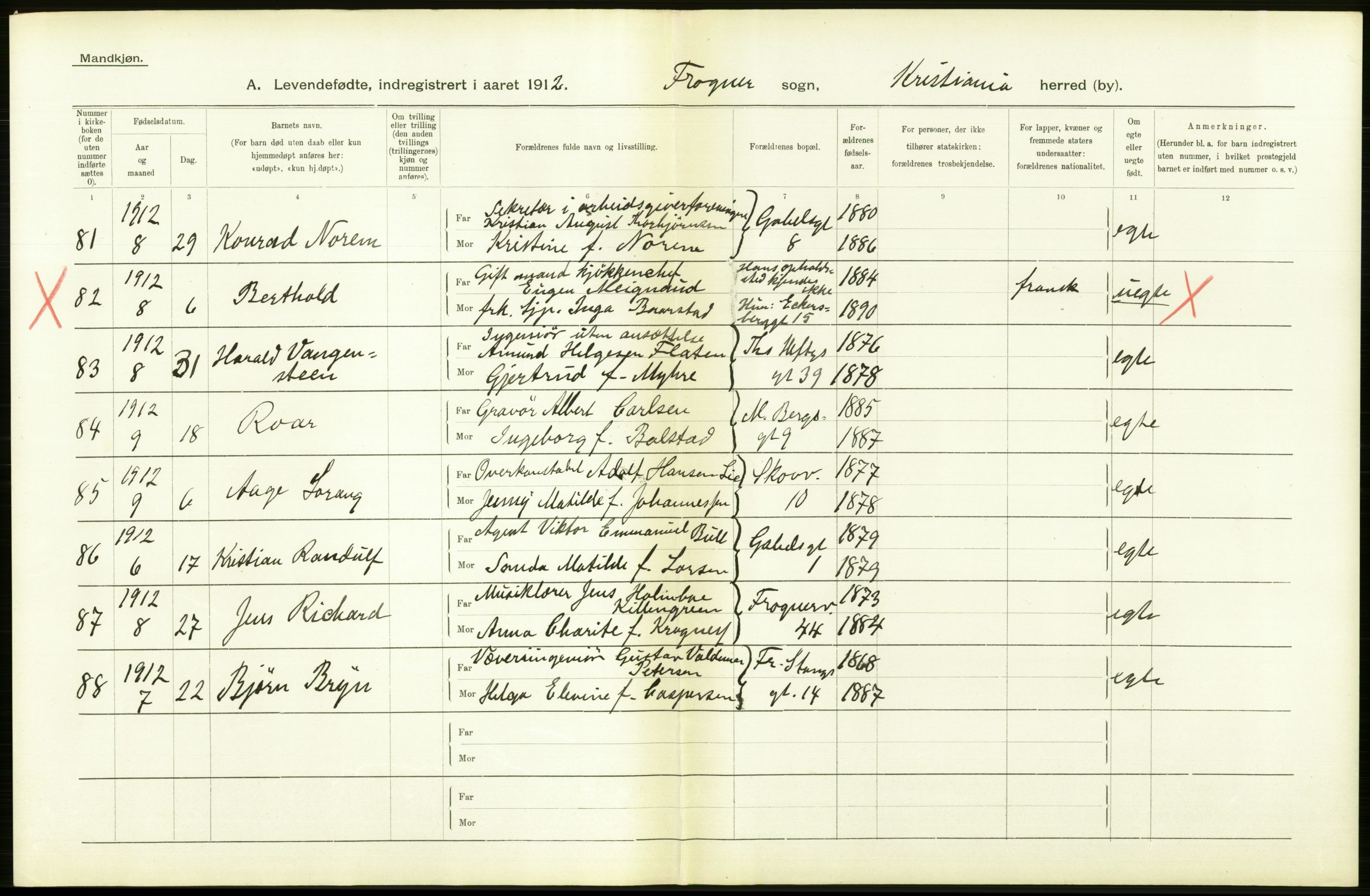 Statistisk sentralbyrå, Sosiodemografiske emner, Befolkning, RA/S-2228/D/Df/Dfb/Dfbb/L0007: Kristiania:  Levendefødte menn og kvinner., 1912, p. 438