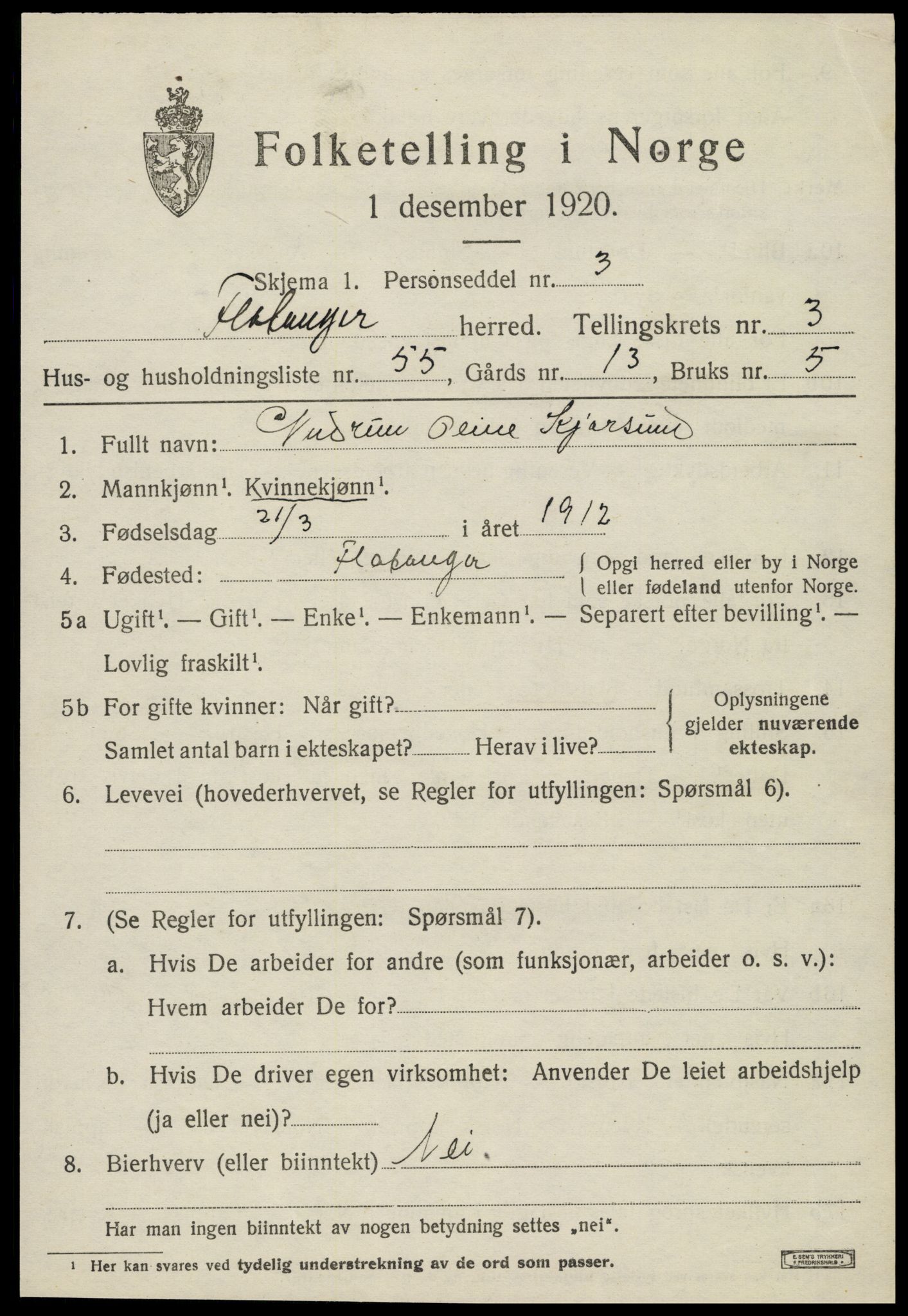 SAT, 1920 census for Flatanger, 1920, p. 2244