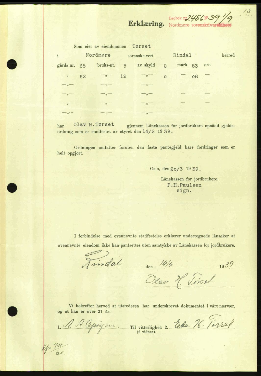 Nordmøre sorenskriveri, AV/SAT-A-4132/1/2/2Ca: Mortgage book no. B86, 1939-1940, Diary no: : 2456/1939