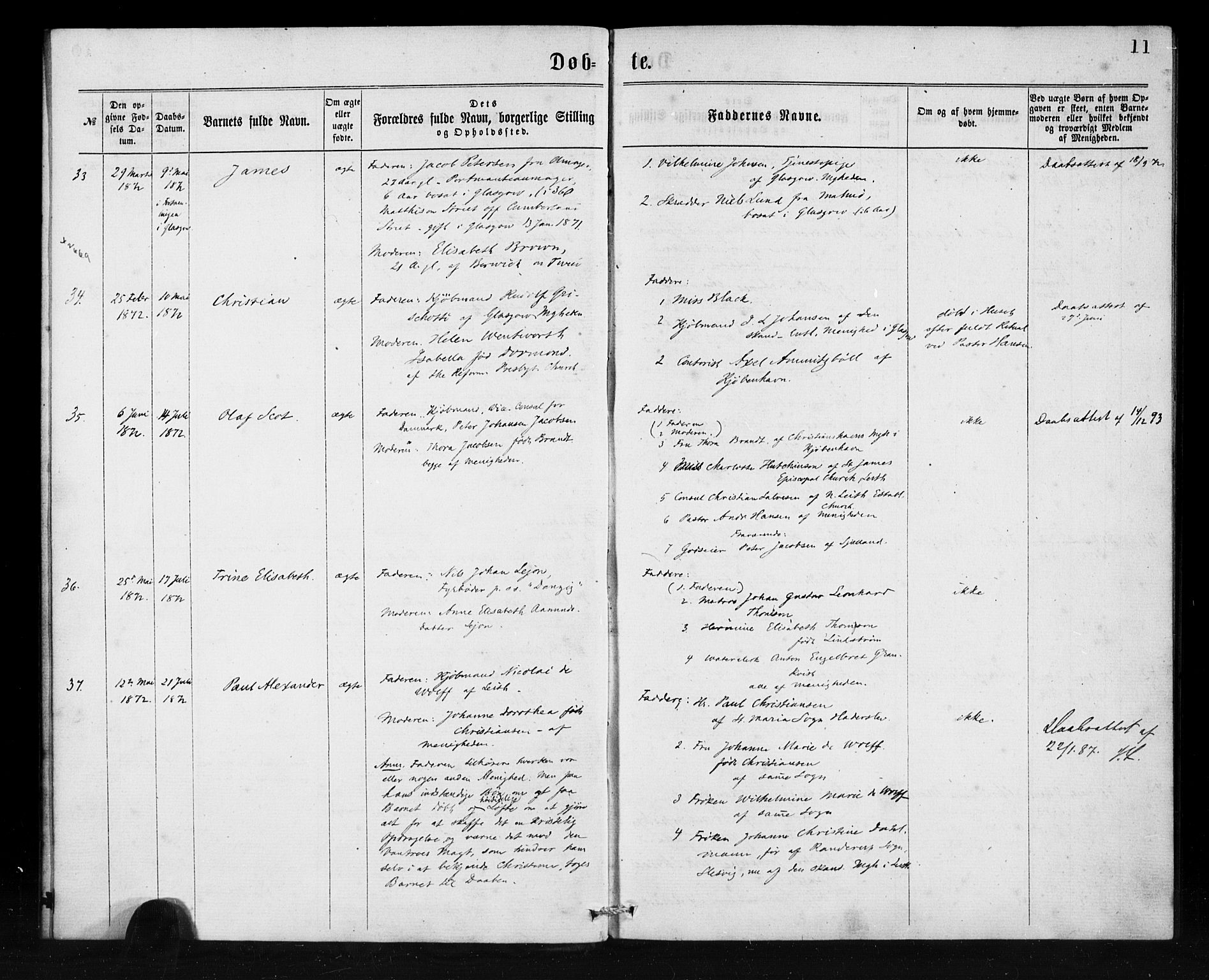 Den norske sjømannsmisjon i utlandet/Skotske havner (Leith, Glasgow), SAB/SAB/PA-0100/H/Ha/Haa/L0001: Parish register (official) no. A 1, 1865-1880, p. 11