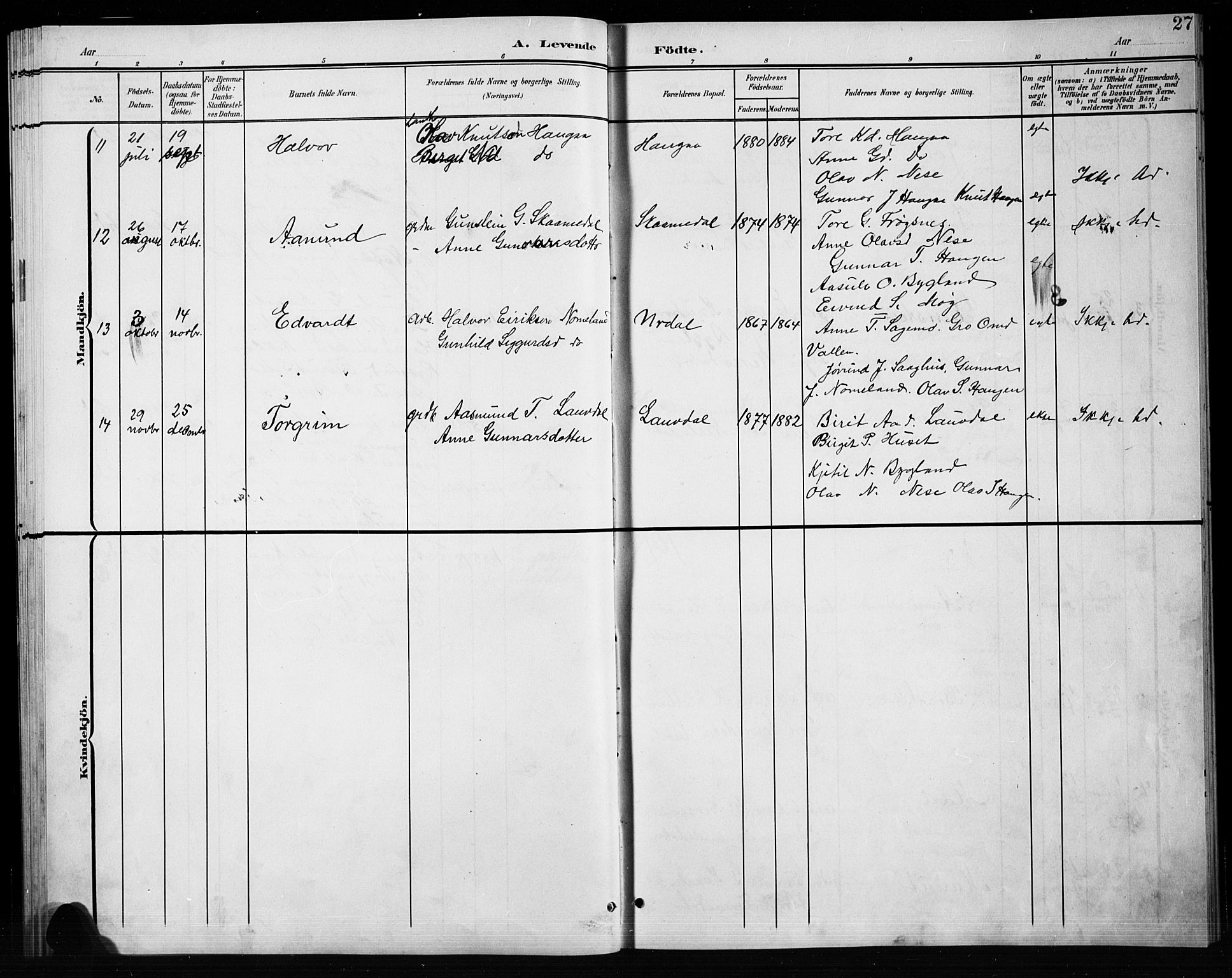 Bygland sokneprestkontor, SAK/1111-0006/F/Fb/Fbb/L0004: Parish register (copy) no. B 4, 1902-1920, p. 27