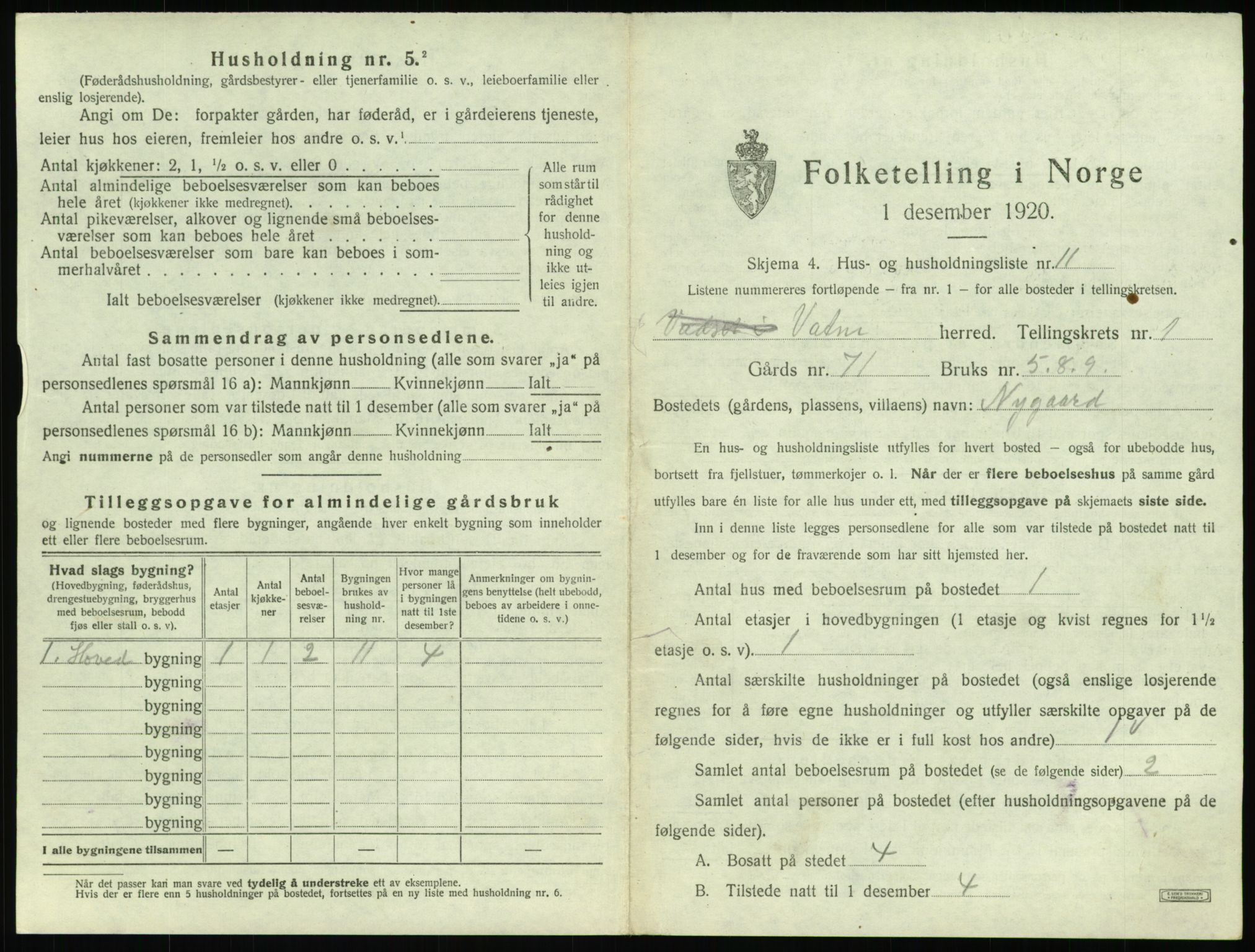 SAT, 1920 census for Vatne, 1920, p. 60
