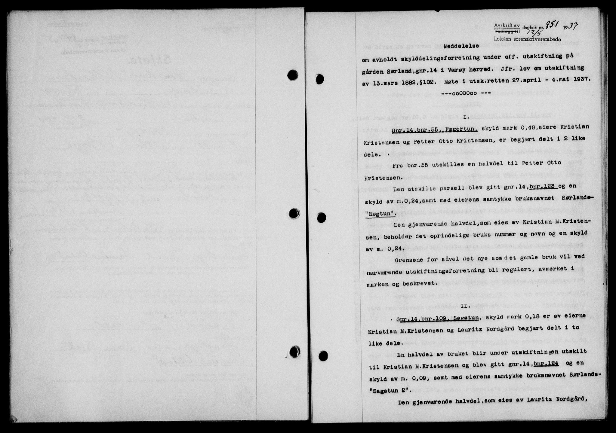 Lofoten sorenskriveri, SAT/A-0017/1/2/2C/L0002a: Mortgage book no. 2a, 1937-1937, Diary no: : 851/1937
