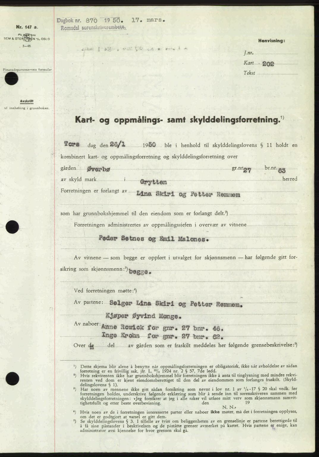 Romsdal sorenskriveri, AV/SAT-A-4149/1/2/2C: Mortgage book no. A32, 1950-1950, Diary no: : 870/1950