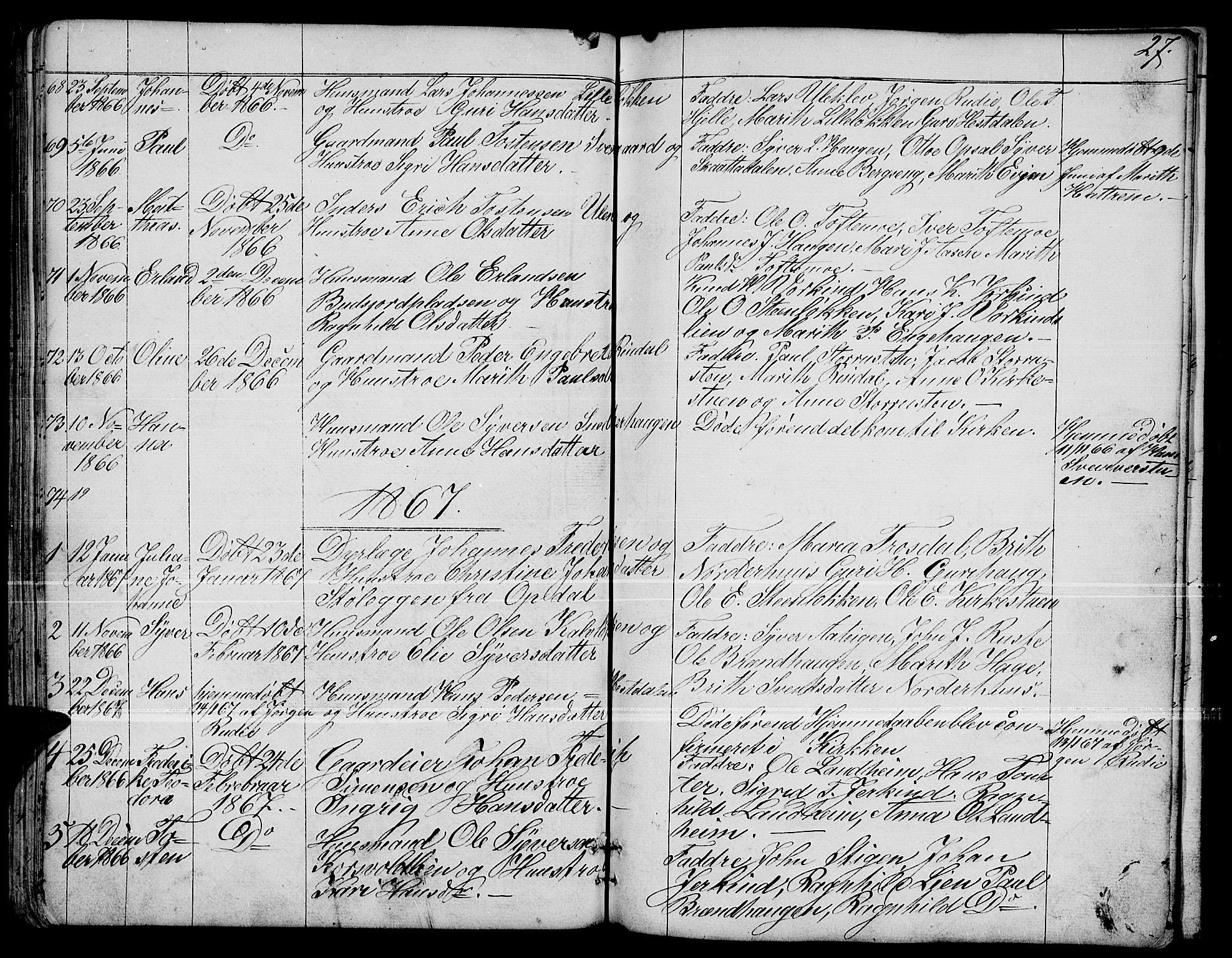 Dovre prestekontor, SAH/PREST-066/H/Ha/Hab/L0001: Parish register (copy) no. 1, 1862-1880, p. 27
